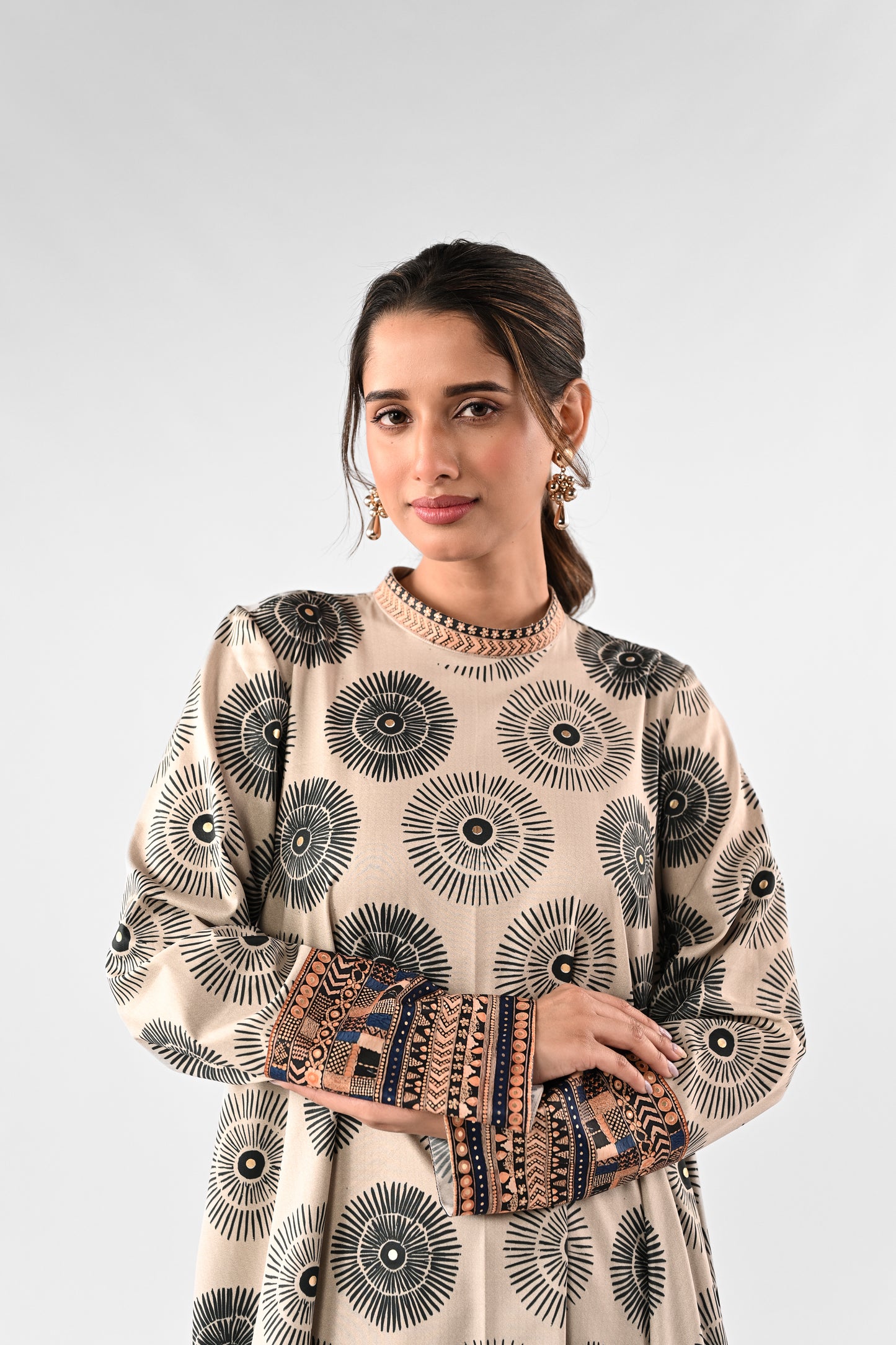 Printed High-Low Top with Draped Skirt Set