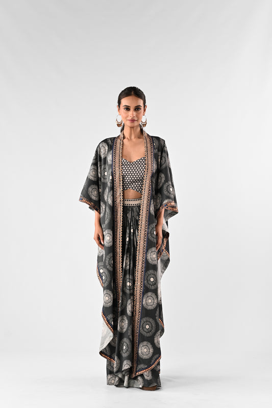 Printed Draped Skirt Set with Cape