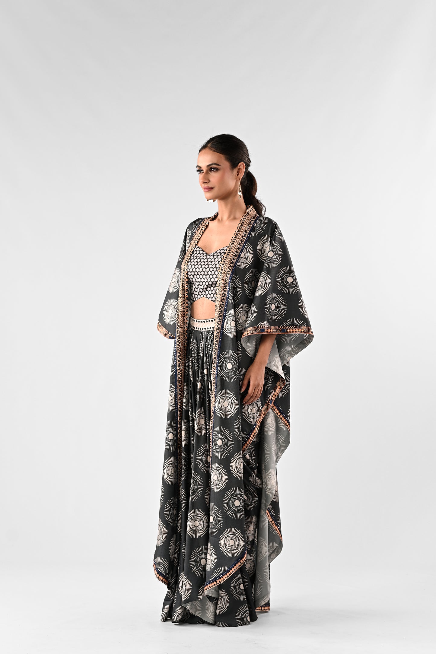 Printed Draped Skirt Set with Cape