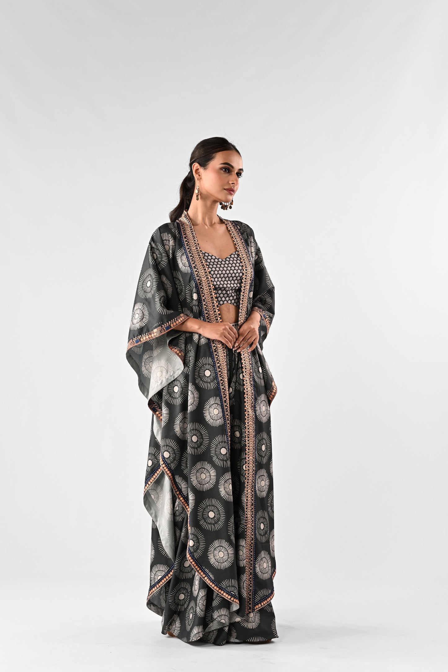 Printed Draped Skirt Set with Cape