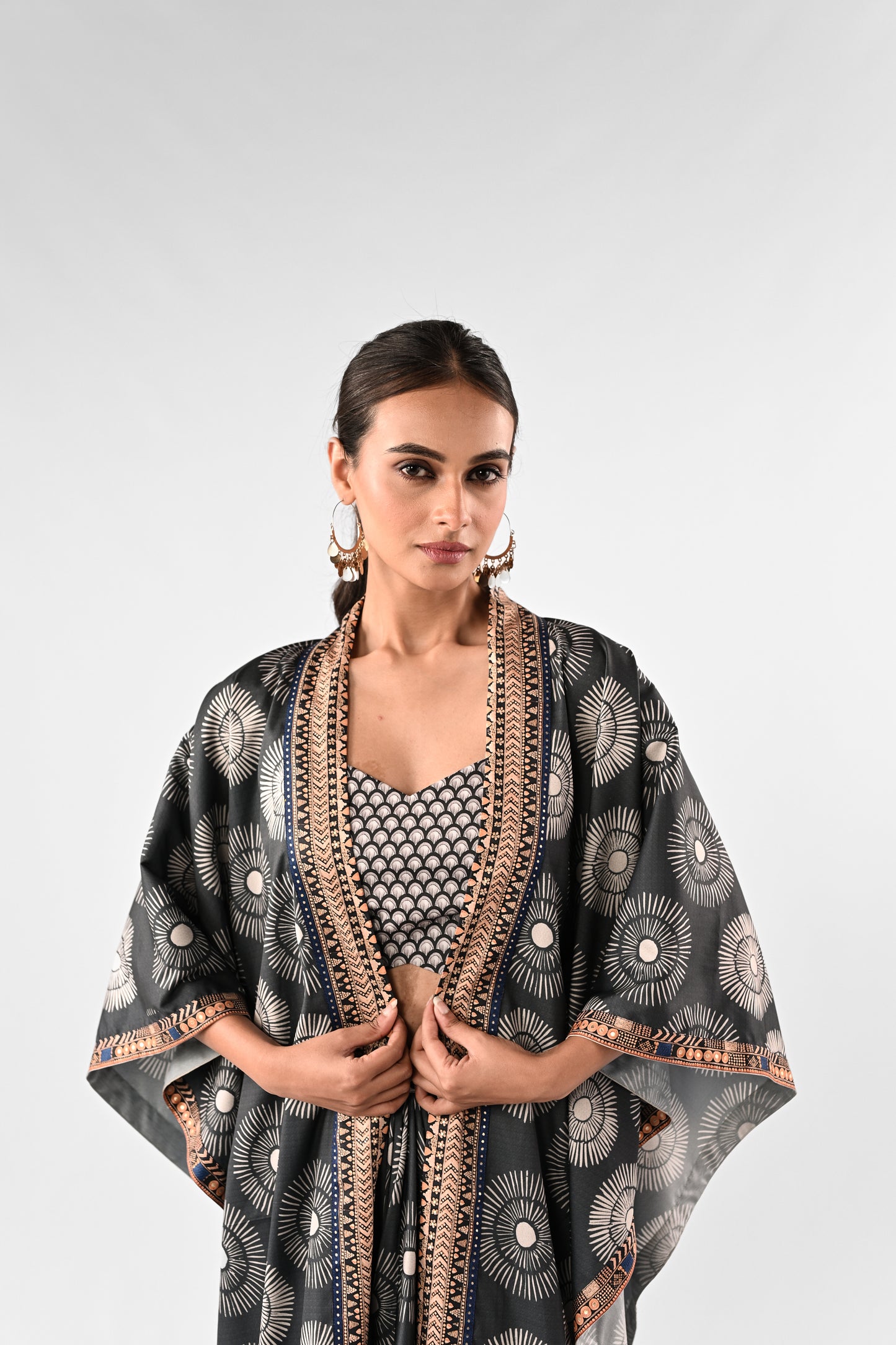 Printed Draped Skirt Set with Cape