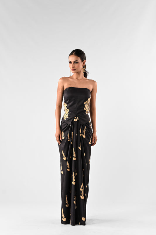 Foil Print Off-Shoulder Draped Skirt Set