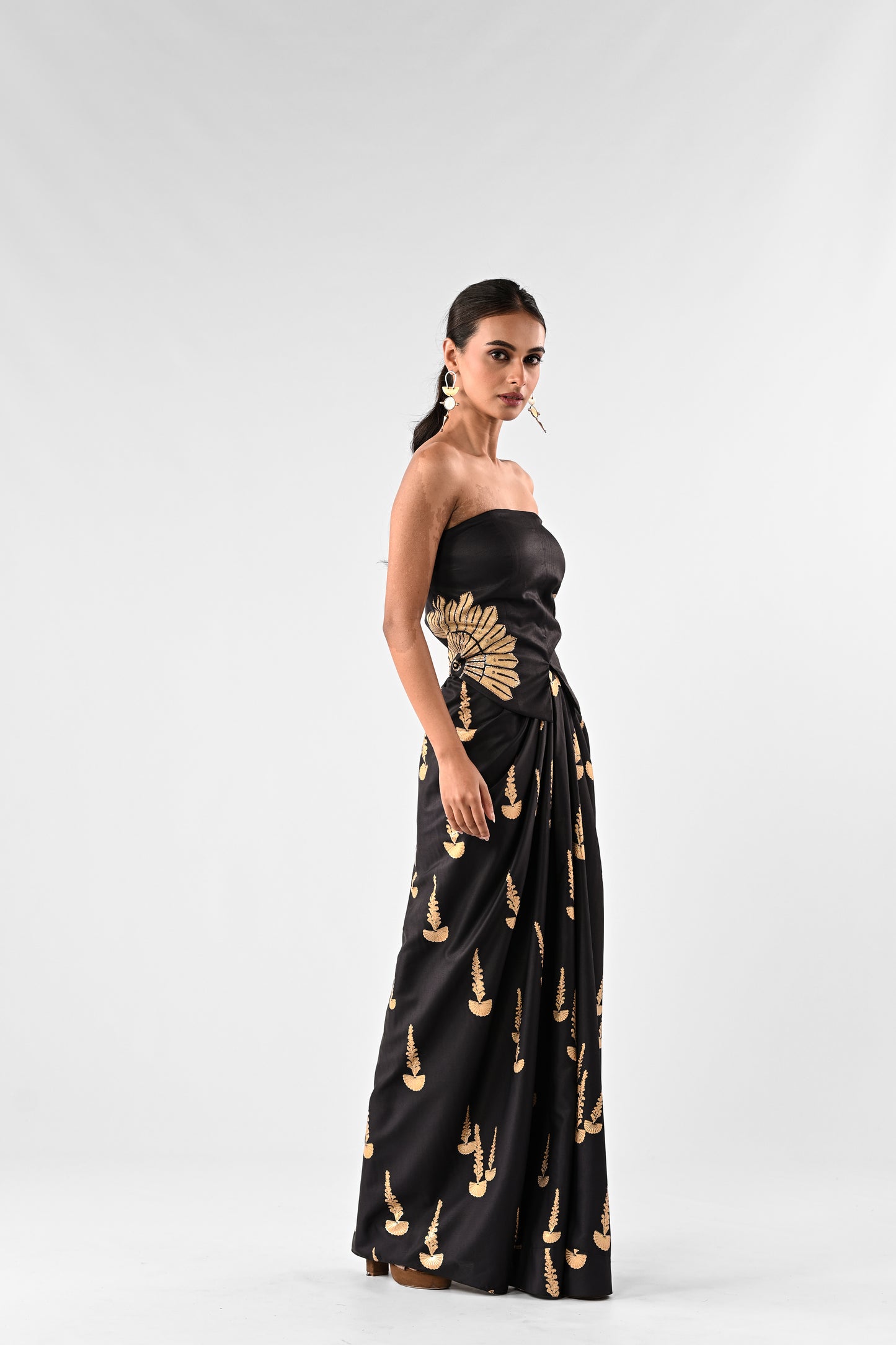 Foil Print Off-Shoulder Draped Skirt Set