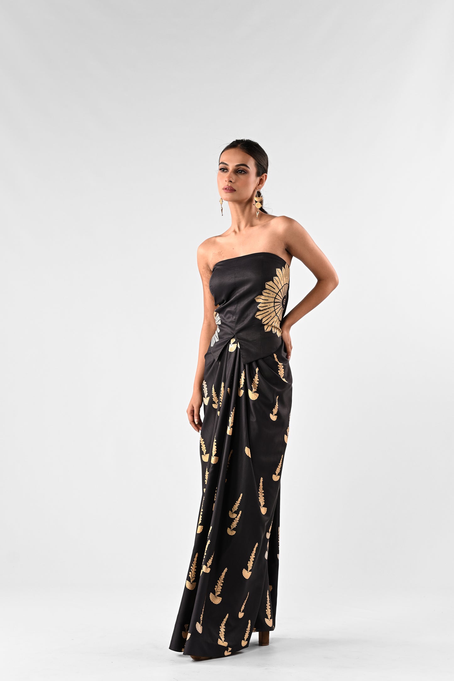 Foil Print Off-Shoulder Draped Skirt Set