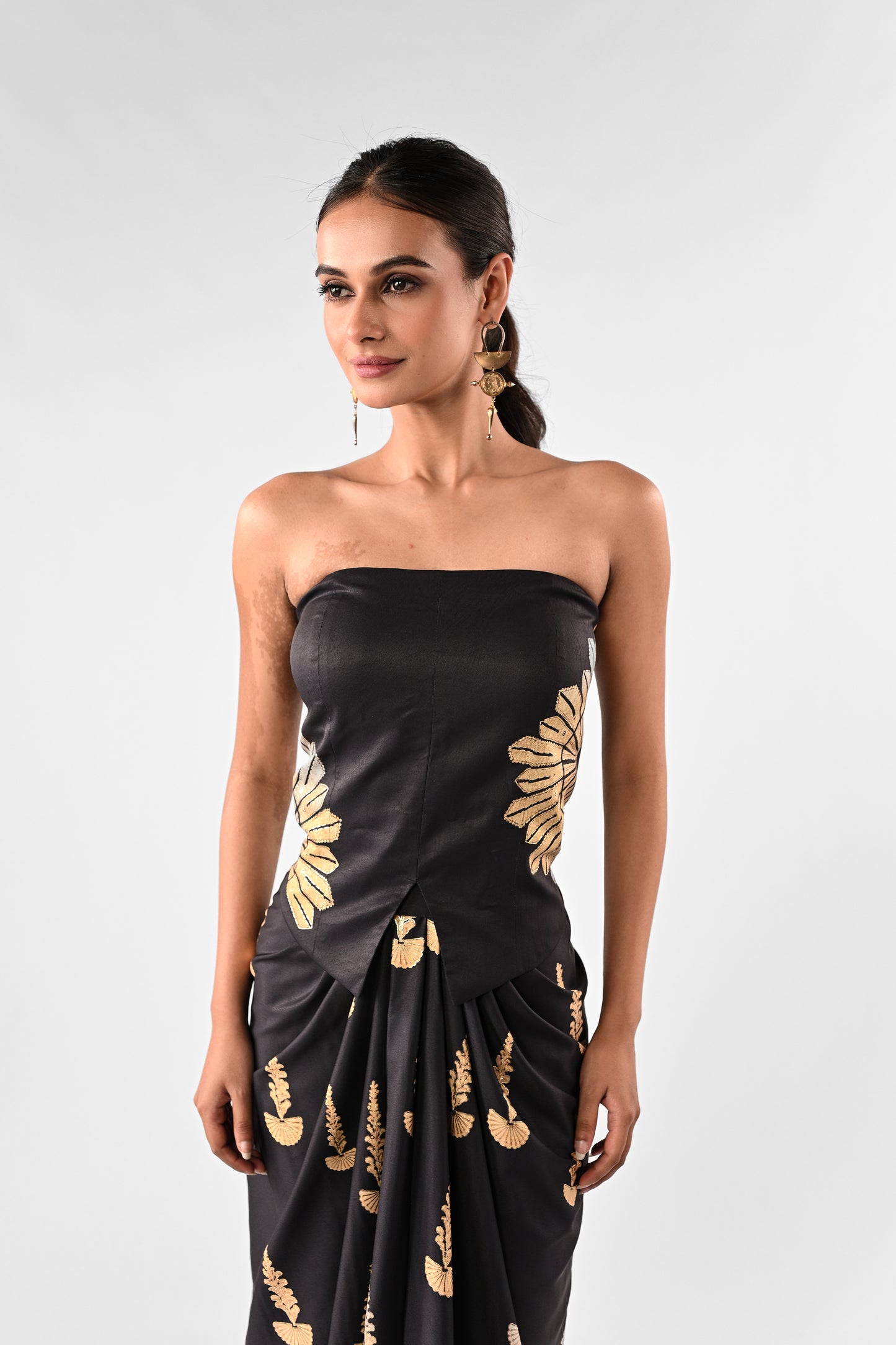 Foil Print Off-Shoulder Draped Skirt Set