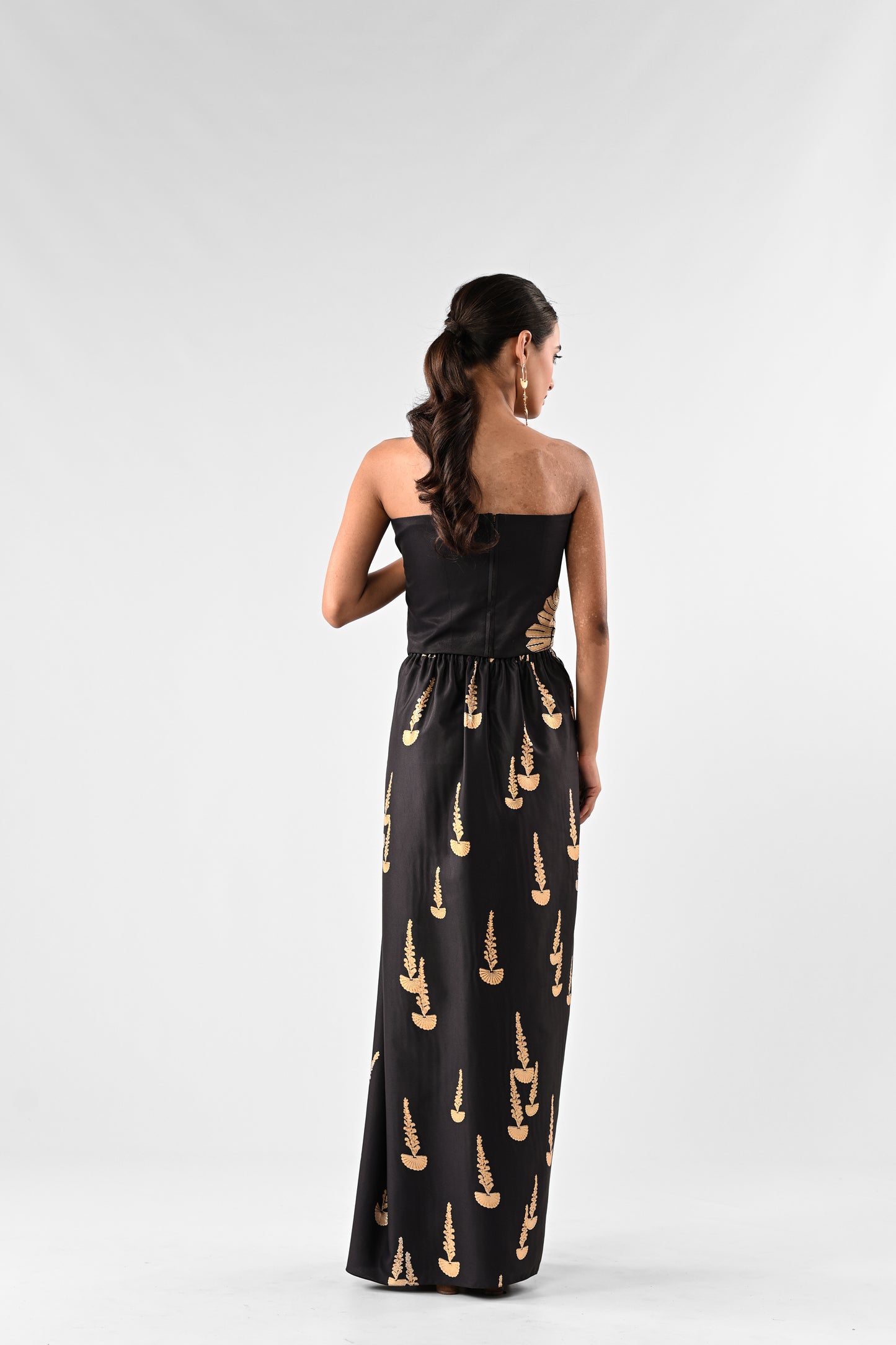 Foil Print Off-Shoulder Draped Skirt Set