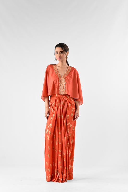 Foil Print Kaftan Top with Draped Skirt Set