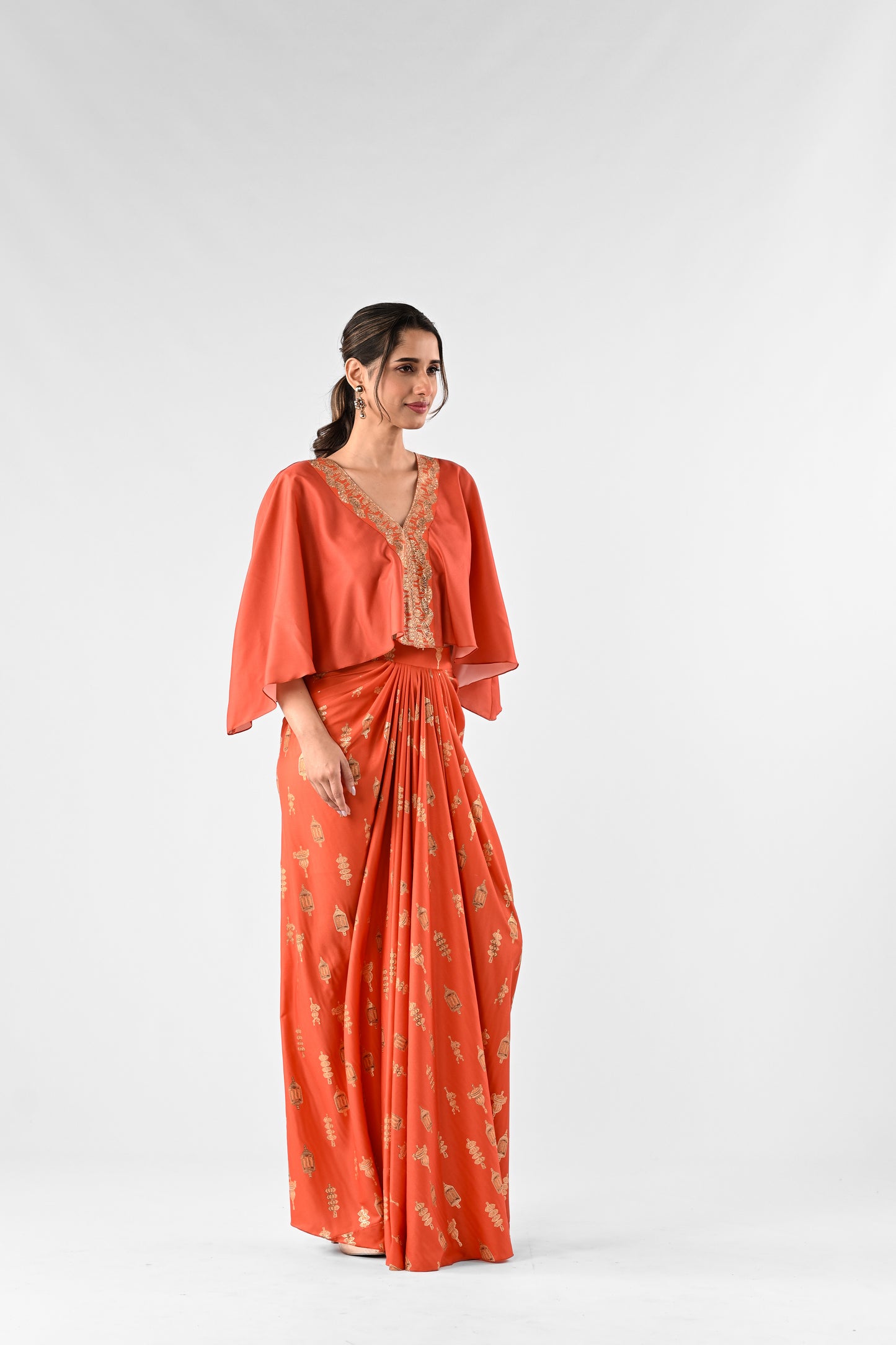 Foil Print Kaftan Top with Draped Skirt Set