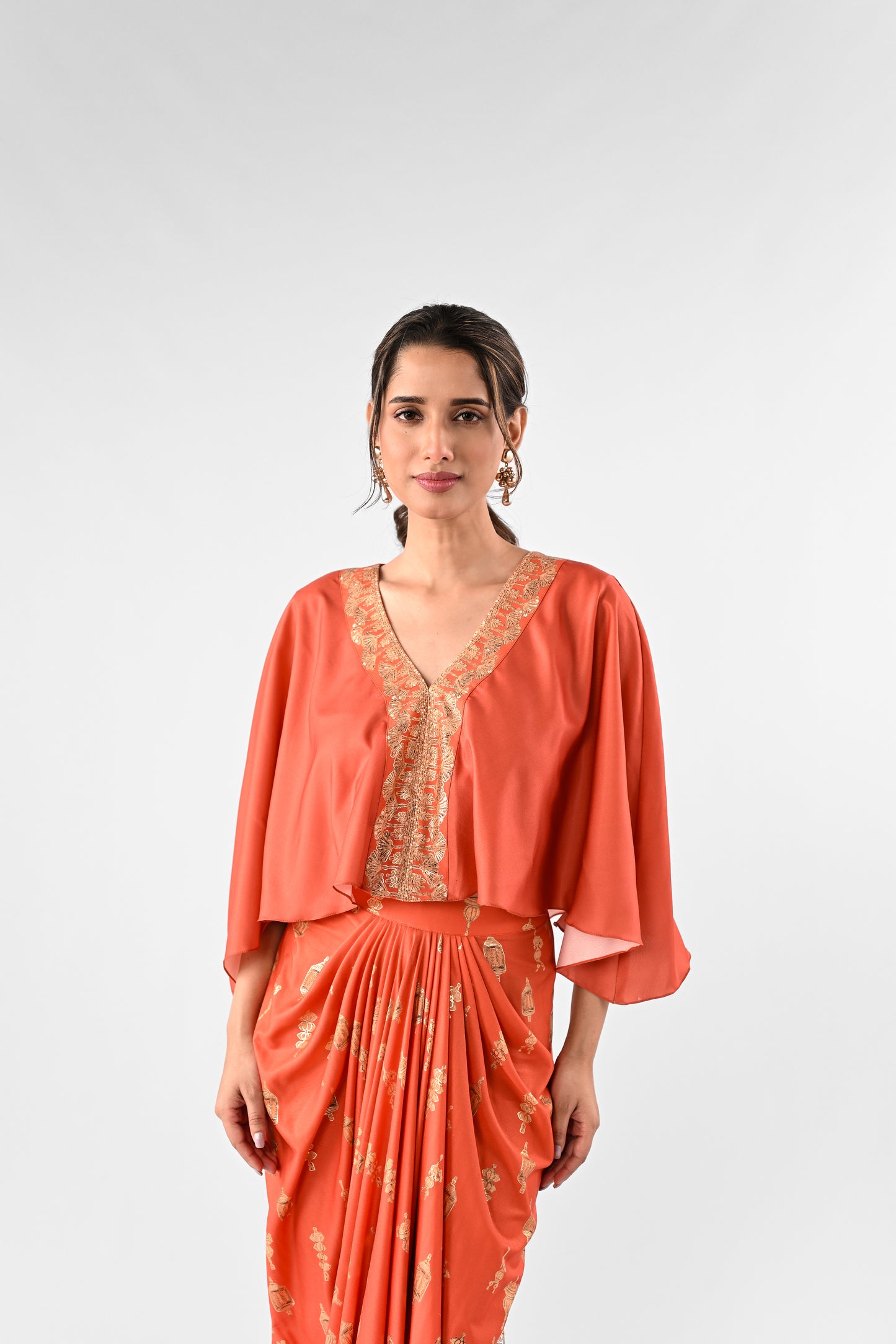 Foil Print Kaftan Top with Draped Skirt Set