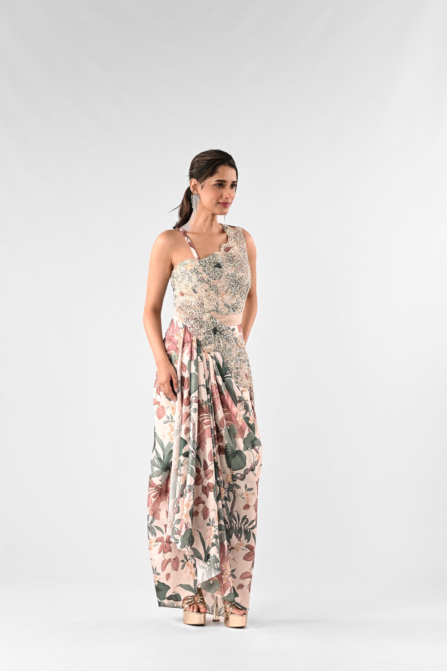 Embellished Tropical Printed Gown