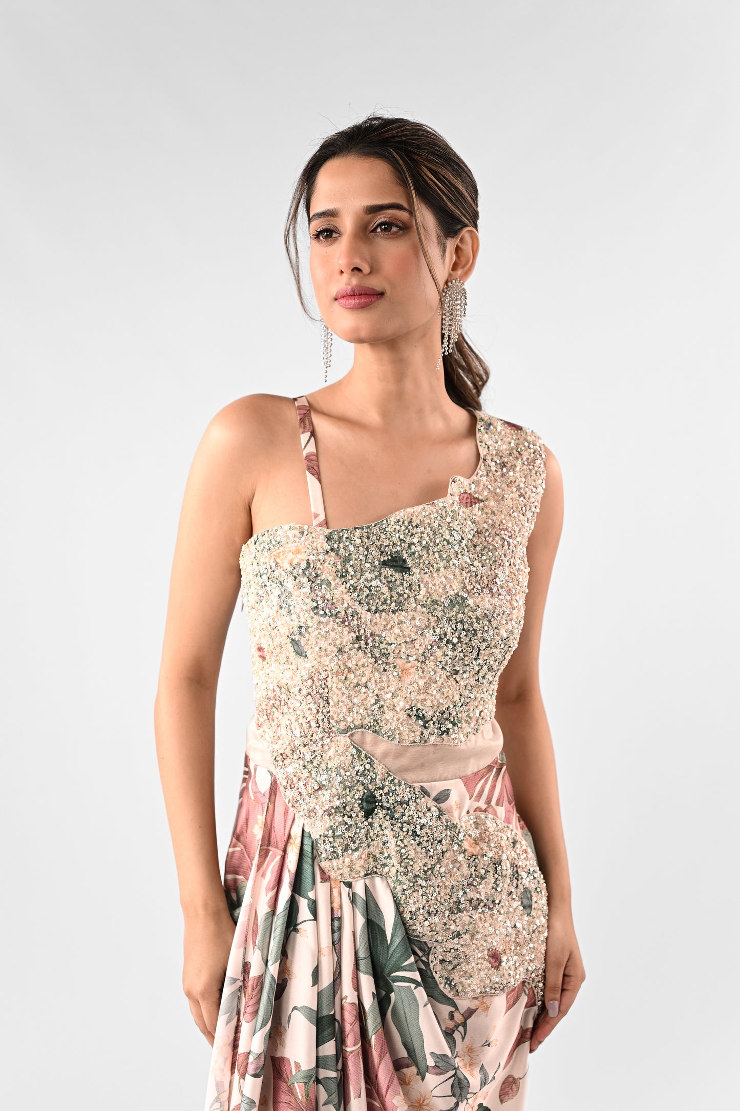 Embellished Tropical Printed Gown
