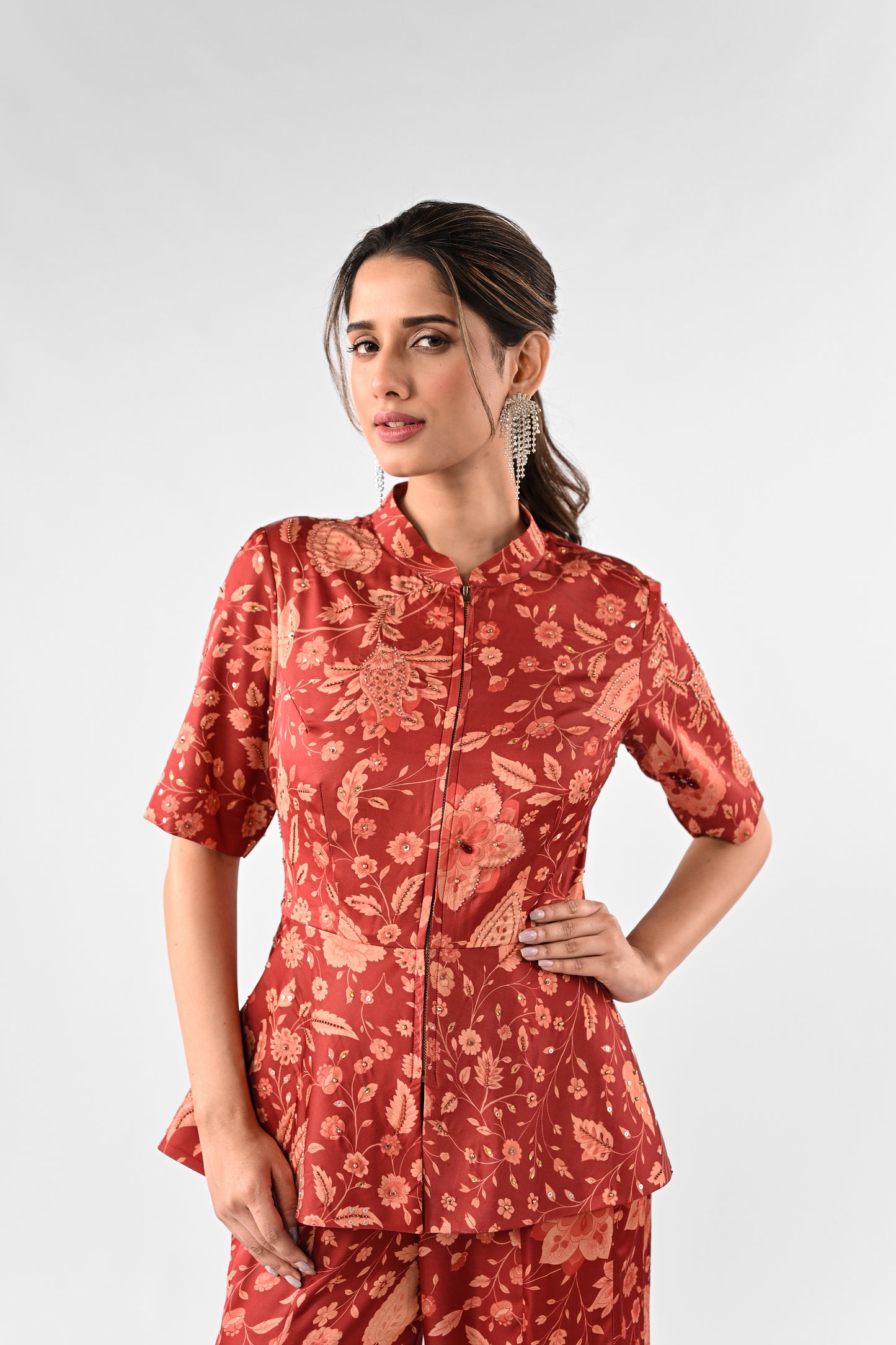 Embellished Printed Peplum Co-ord Set