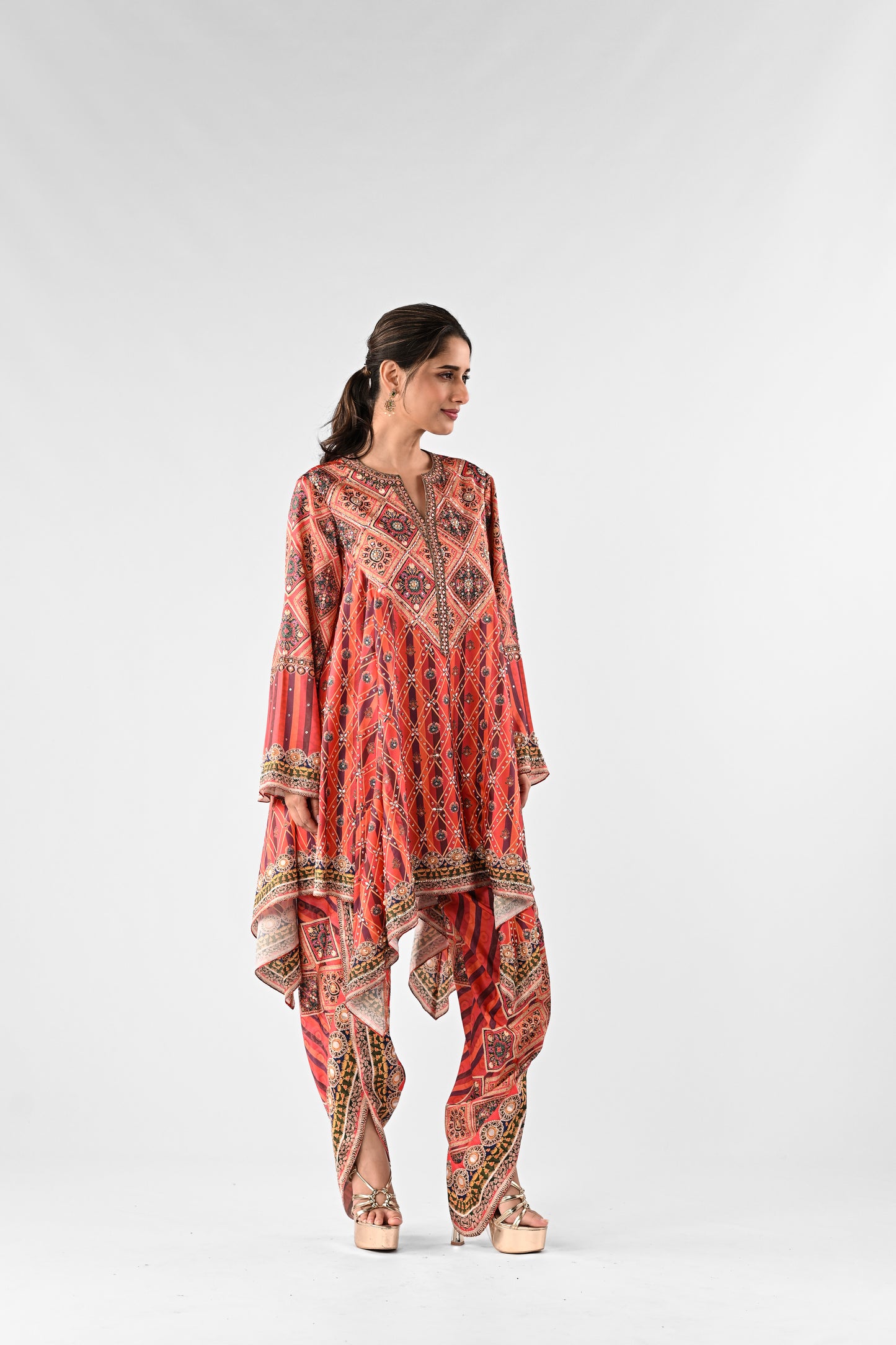 Festive Embellished Handkerchief Top with Dhoti Pants Set