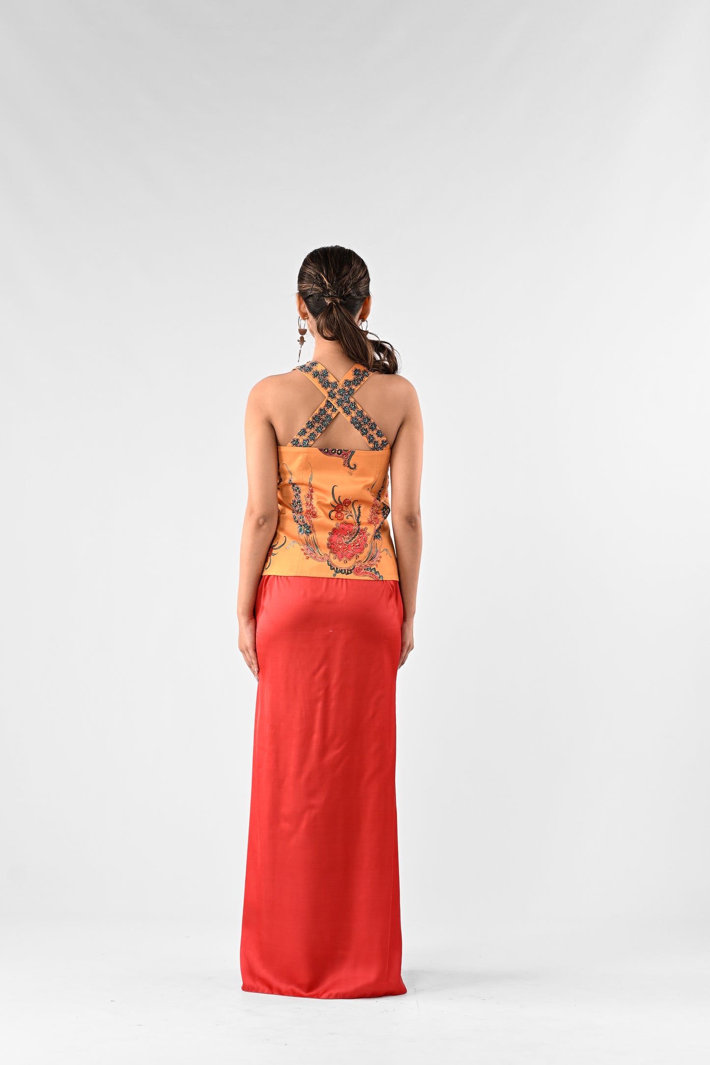 Embellished Printed Corset Top with Draped Skirt Set