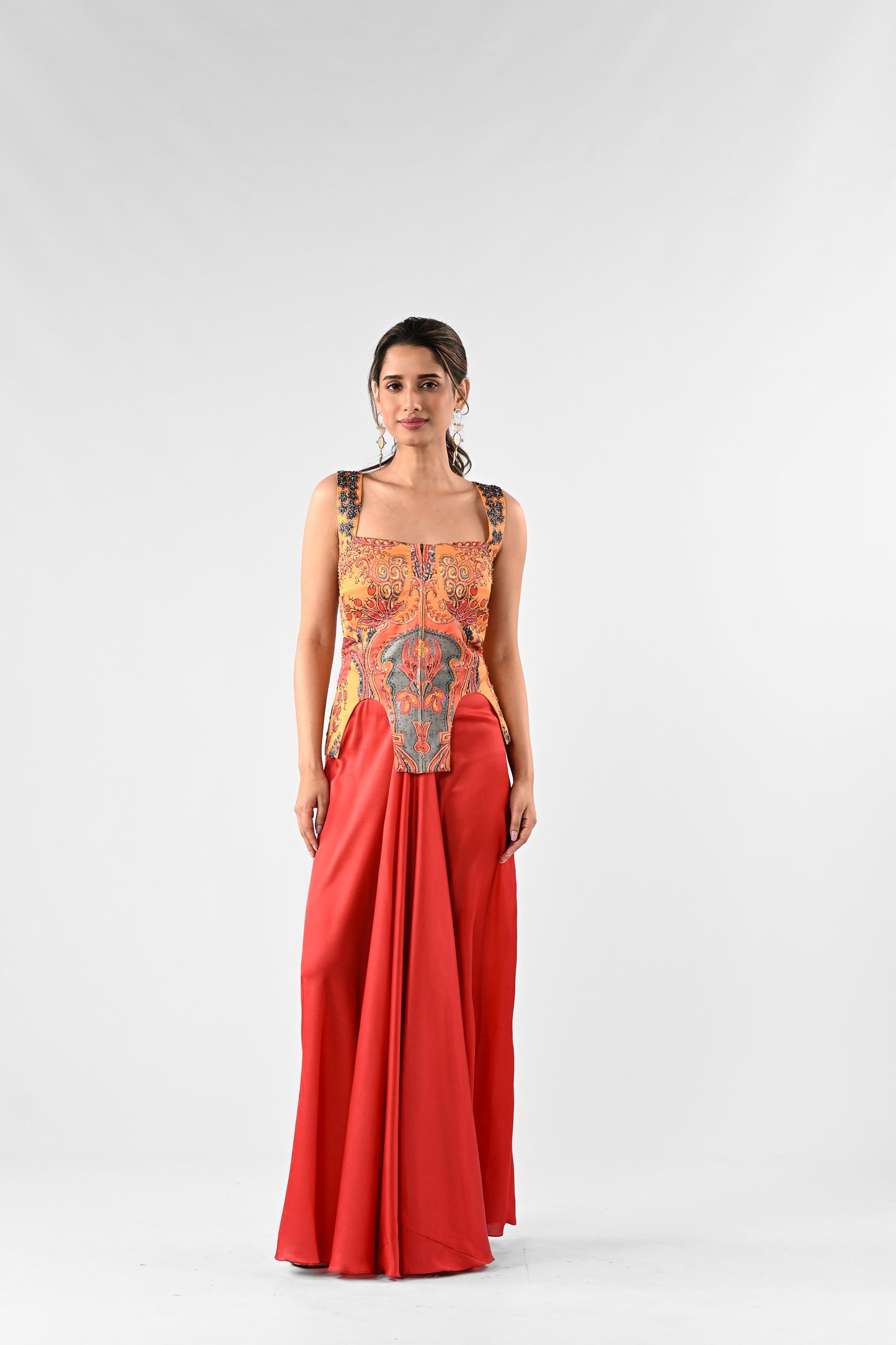 Embellished Printed Corset Top with Draped Skirt Set