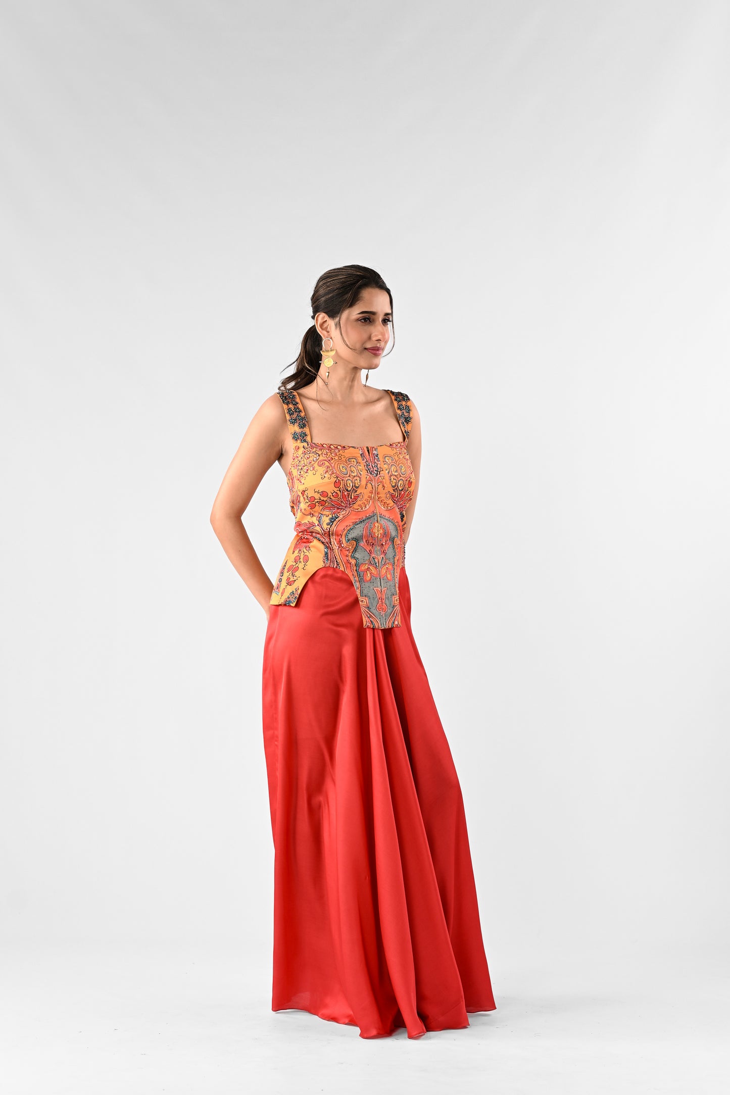 Embellished Printed Corset Top with Draped Skirt Set