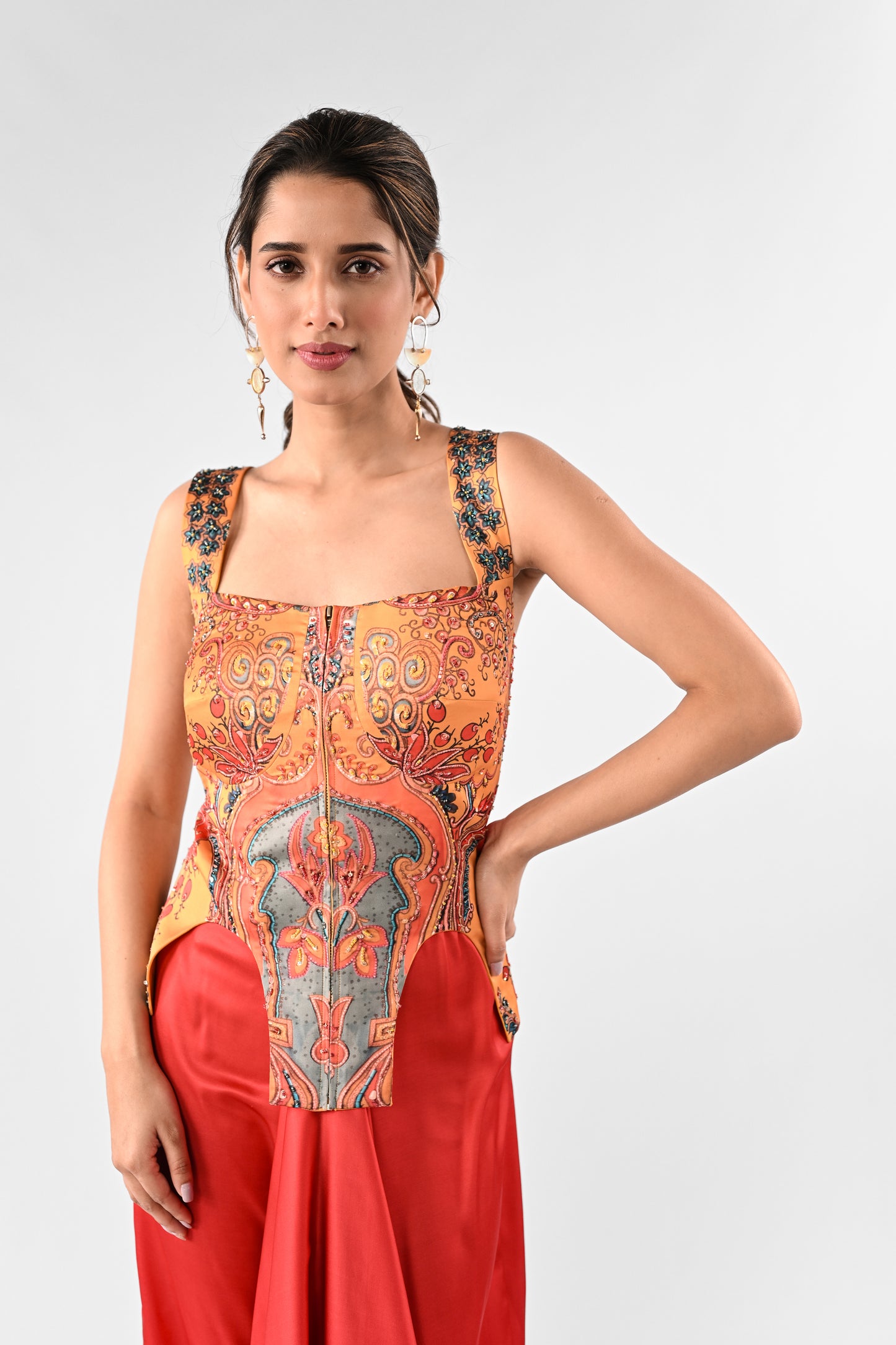 Embellished Printed Corset Top with Draped Skirt Set
