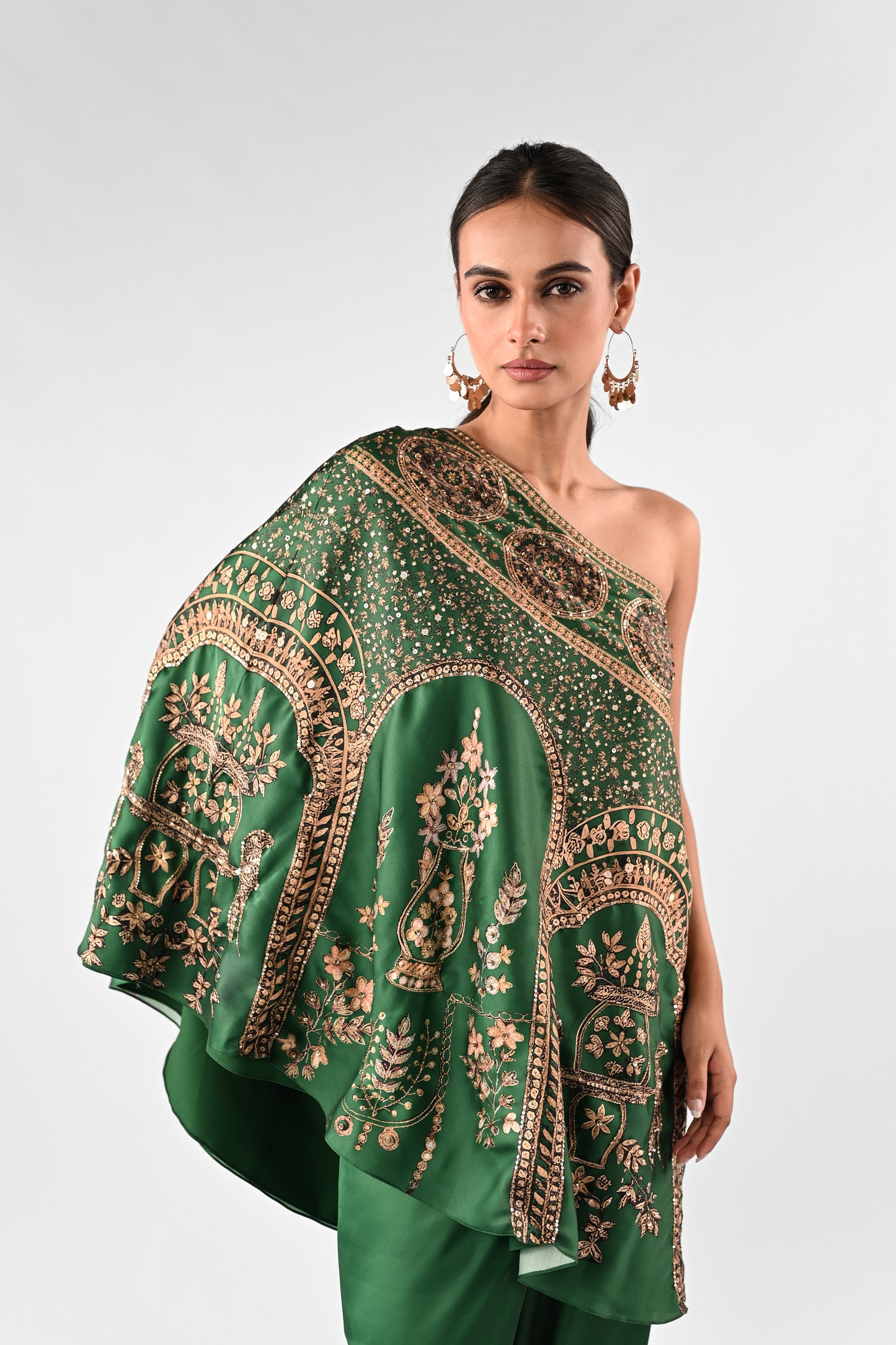 Emerald Green Embellished Foil Printed One-Shoulder Co-ord Set