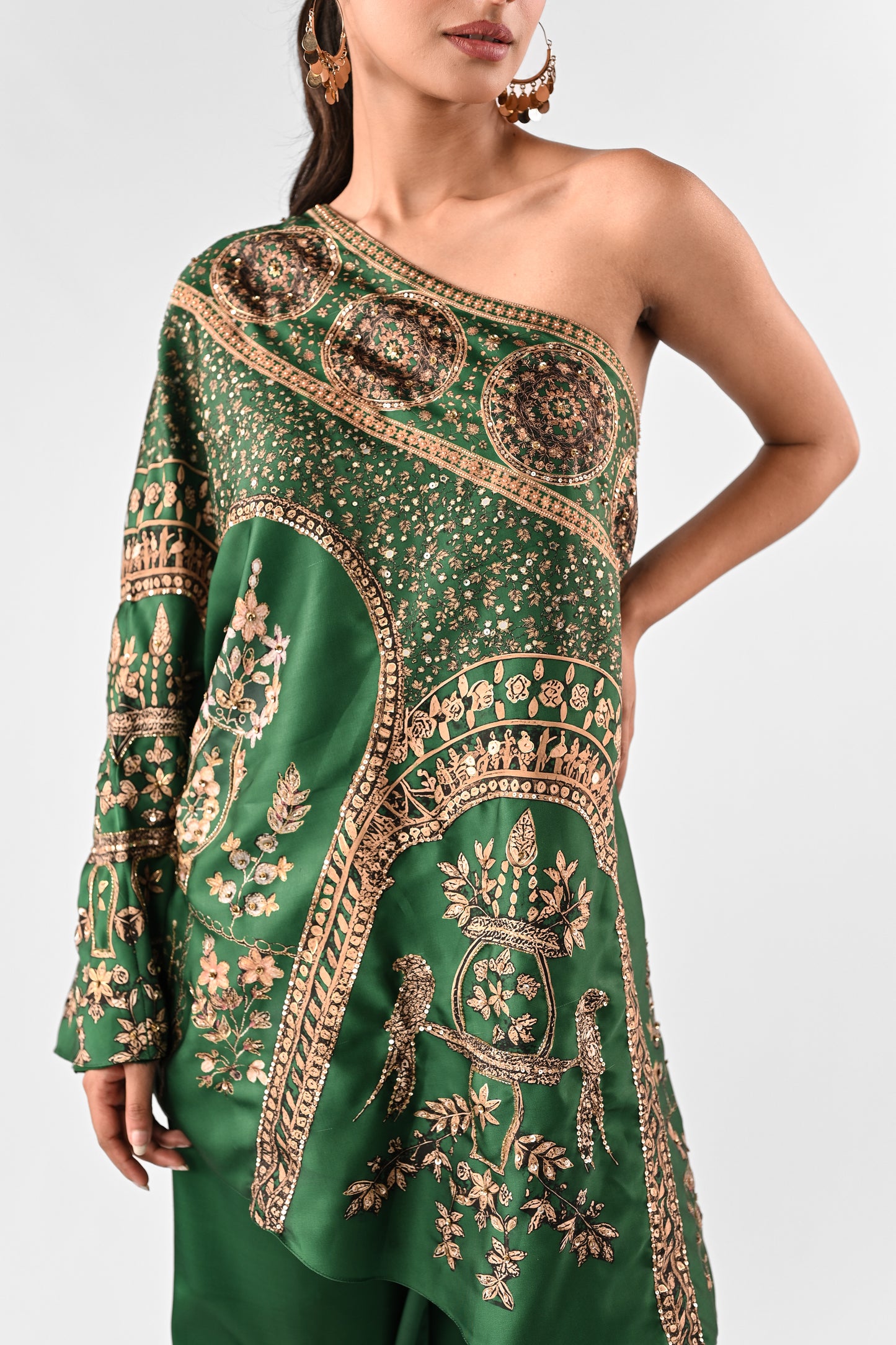 Emerald Green Embellished Foil Printed One-Shoulder Co-ord Set
