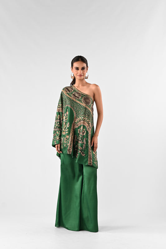 Emerald Green Embellished Foil Printed One-Shoulder Co-ord Set
