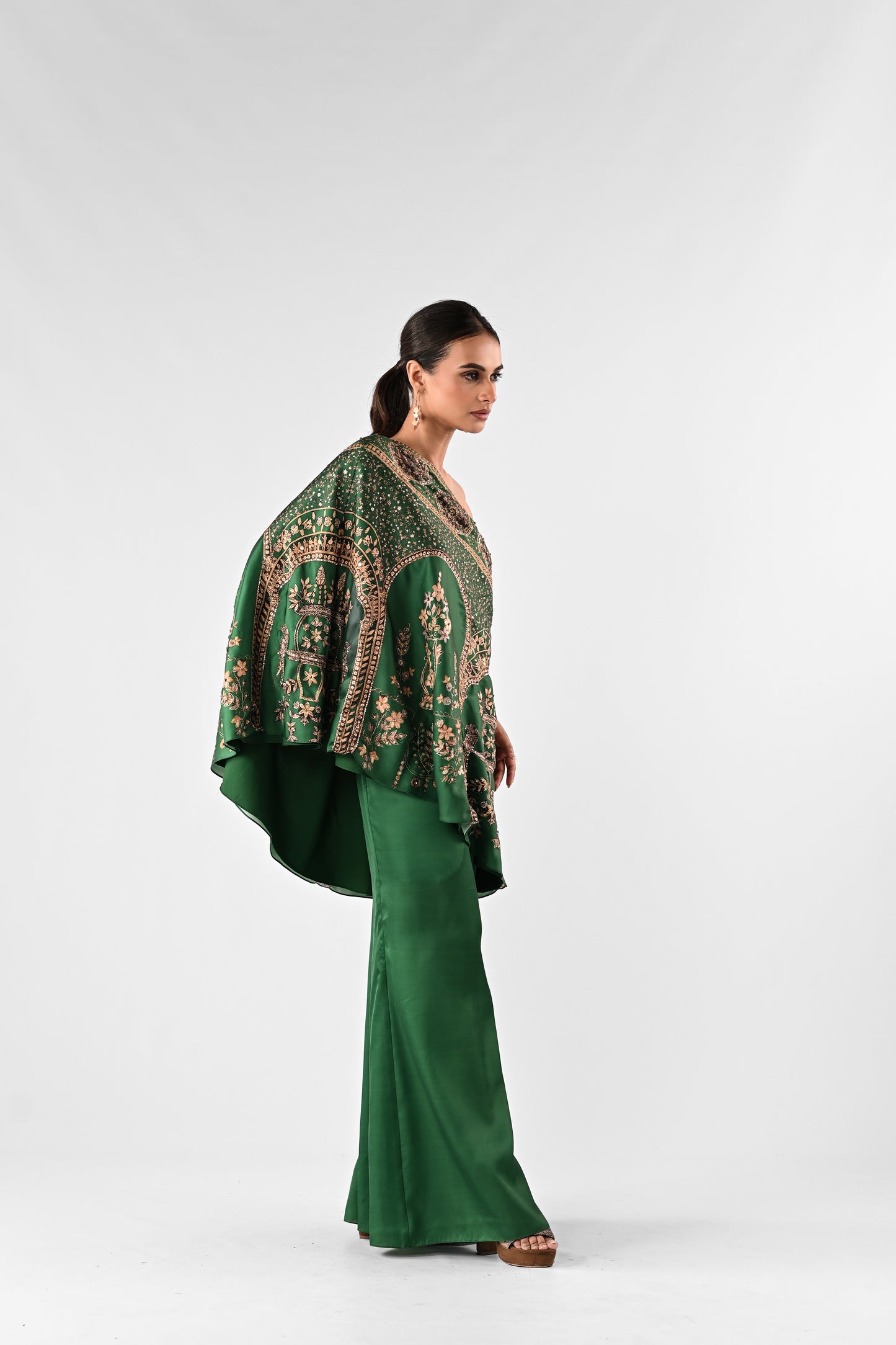 Emerald Green Embellished Foil Printed One-Shoulder Co-ord Set