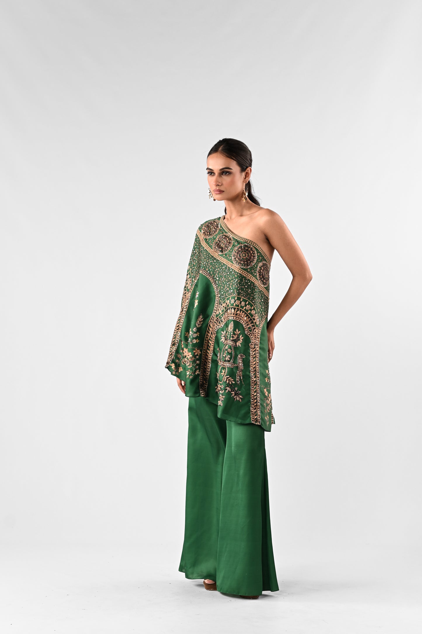 Emerald Green Embellished Foil Printed One-Shoulder Co-ord Set