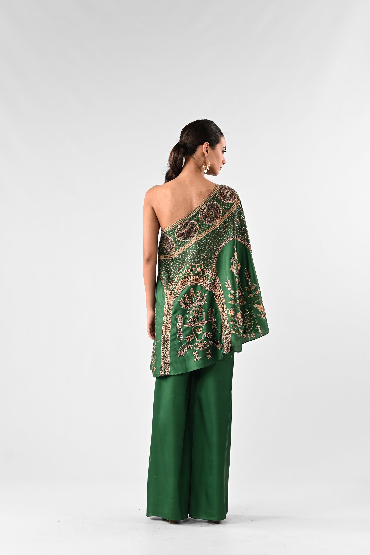 Emerald Green Embellished Foil Printed One-Shoulder Co-ord Set