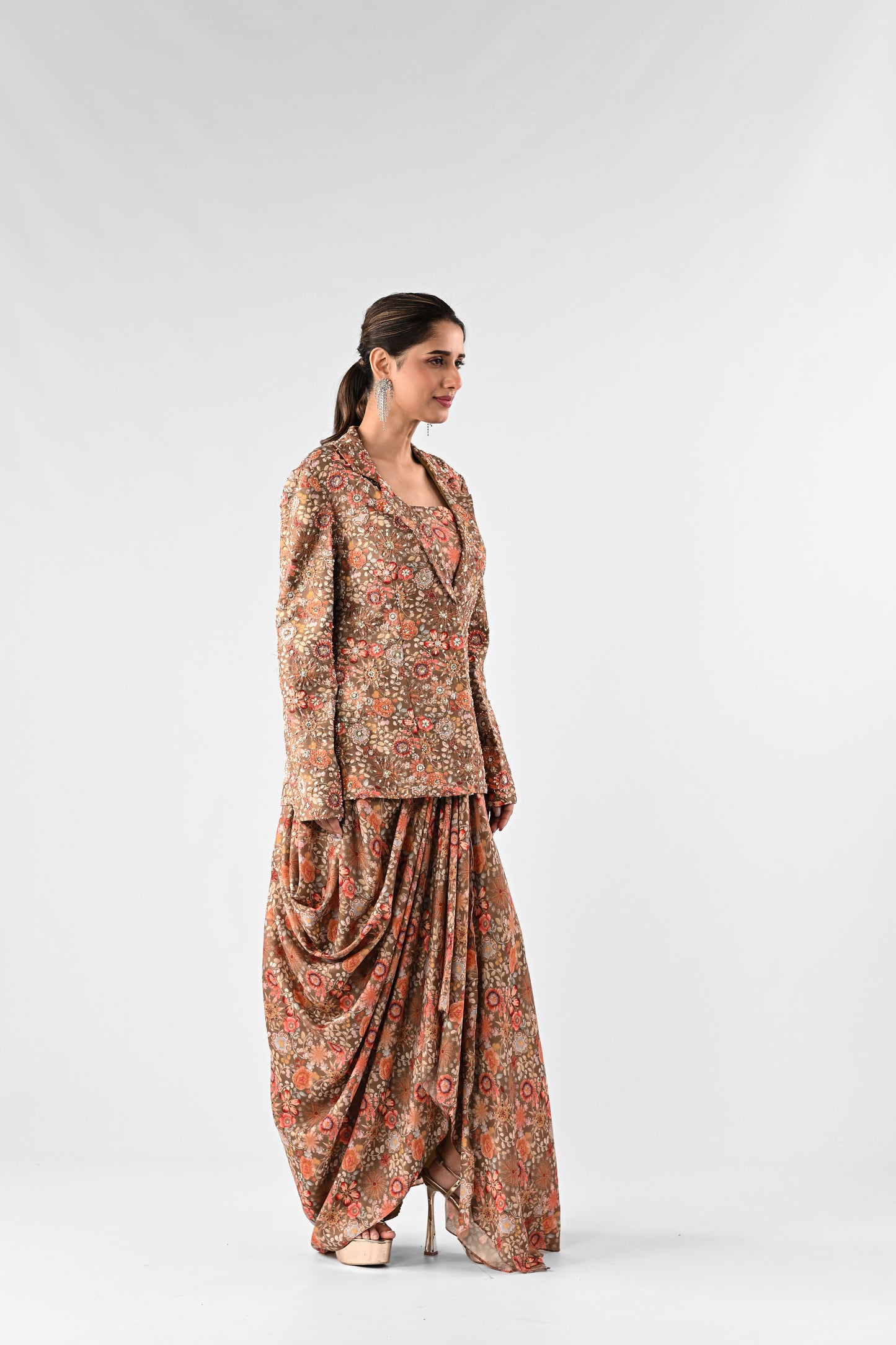 Floral Embellished Draped Skirt Set