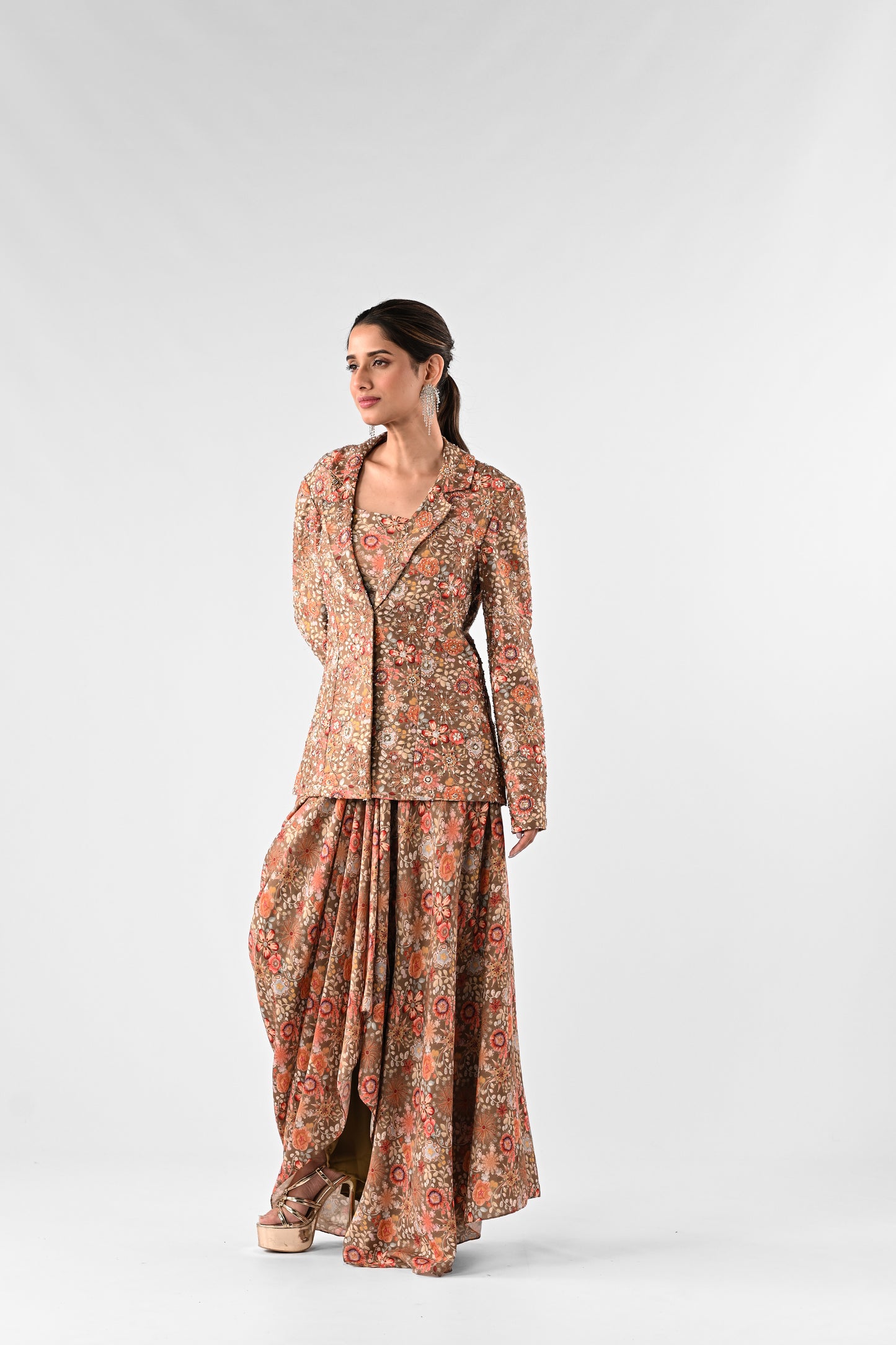 Floral Embellished Draped Skirt Set