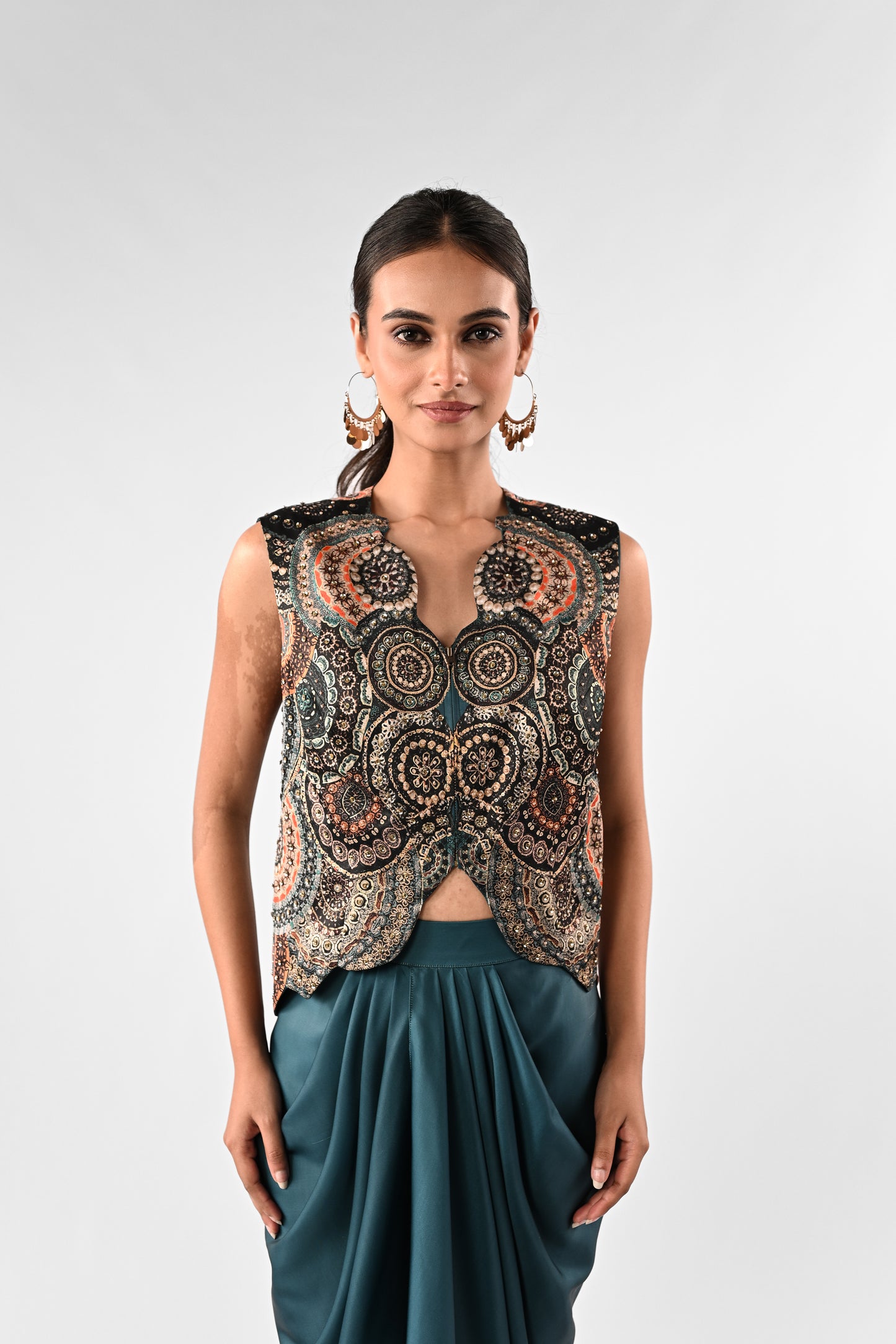 Embellished Foil Printed Cutwork Top with Draped Satin Skirt Set