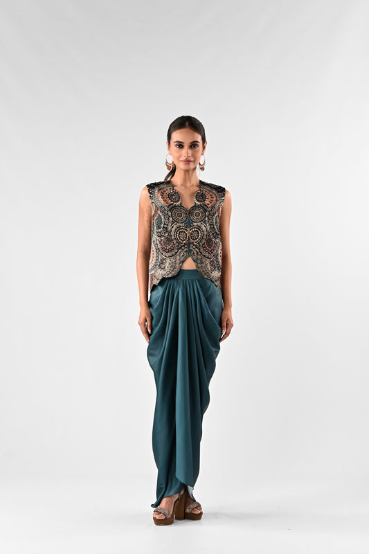 Embellished Foil Printed Cutwork Top with Draped Satin Skirt Set