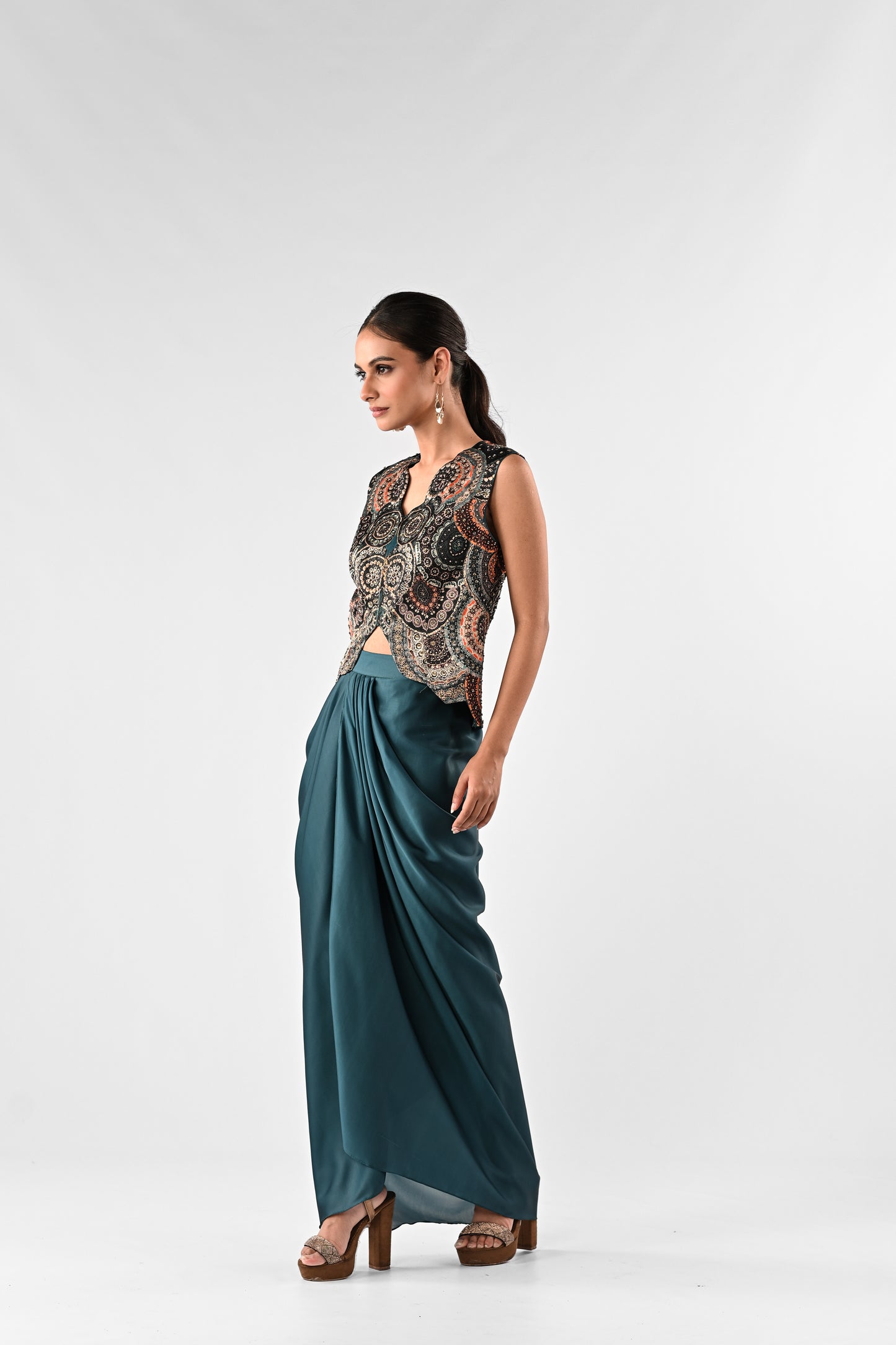 Embellished Foil Printed Cutwork Top with Draped Satin Skirt Set