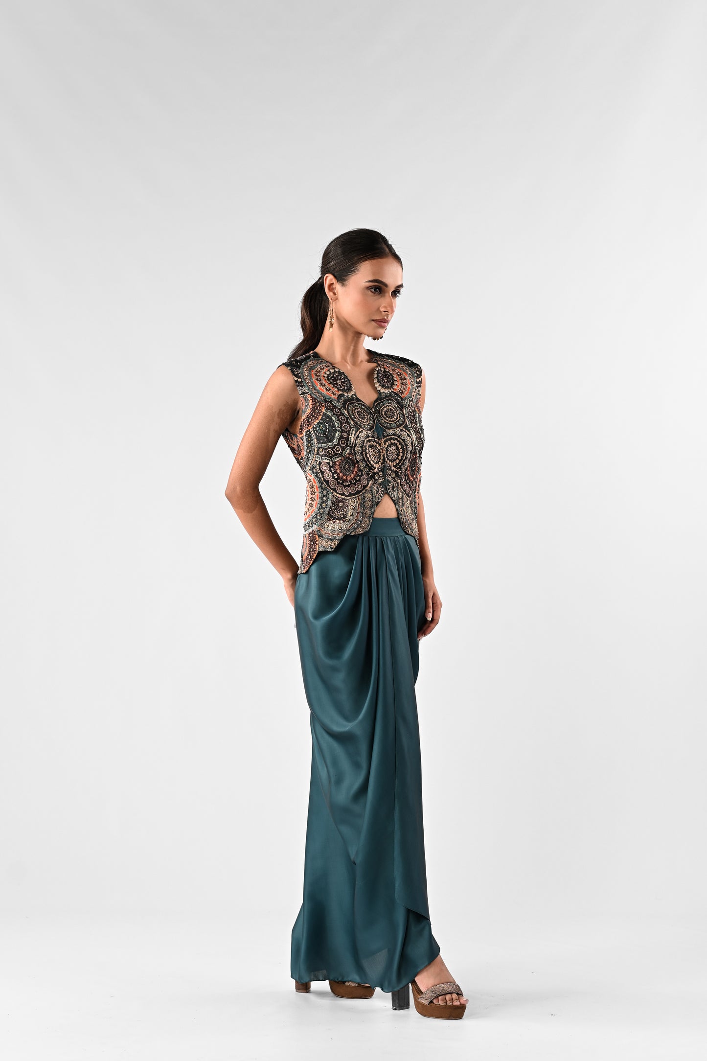 Embellished Foil Printed Cutwork Top with Draped Satin Skirt Set