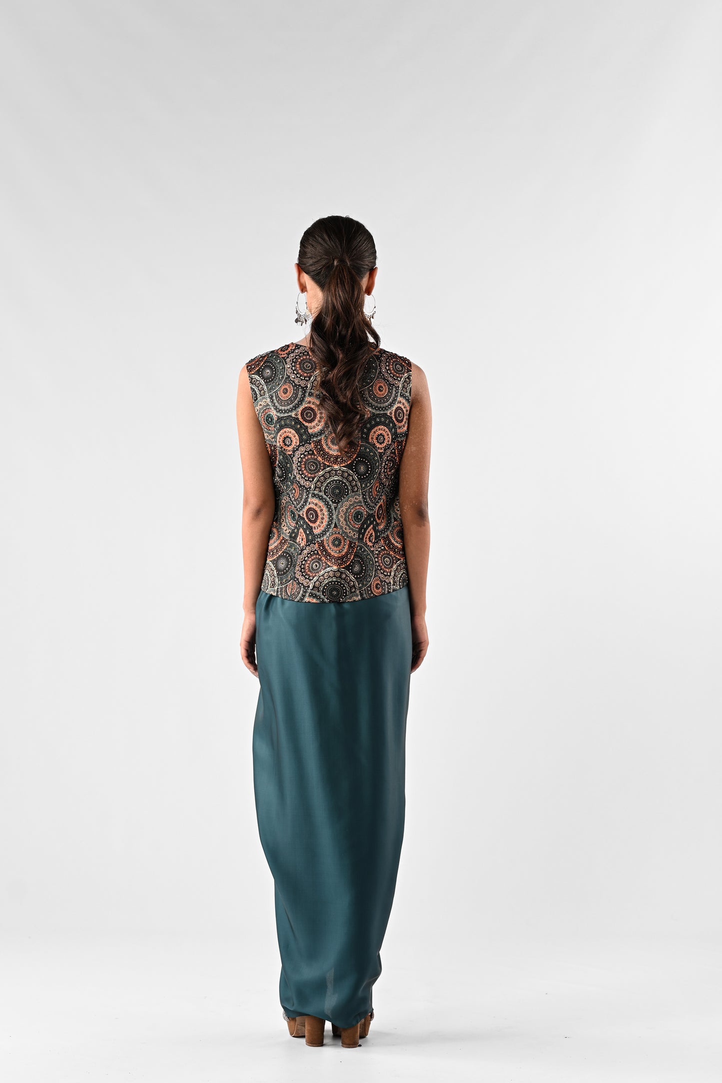 Embellished Foil Printed Cutwork Top with Draped Satin Skirt Set