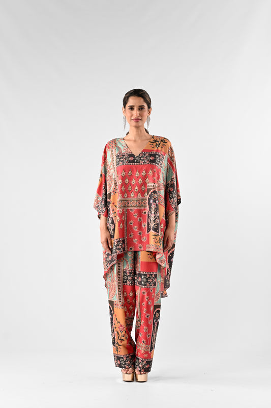 All-Over Printed Modal Satin Kaftan Top with Straight Pants Set