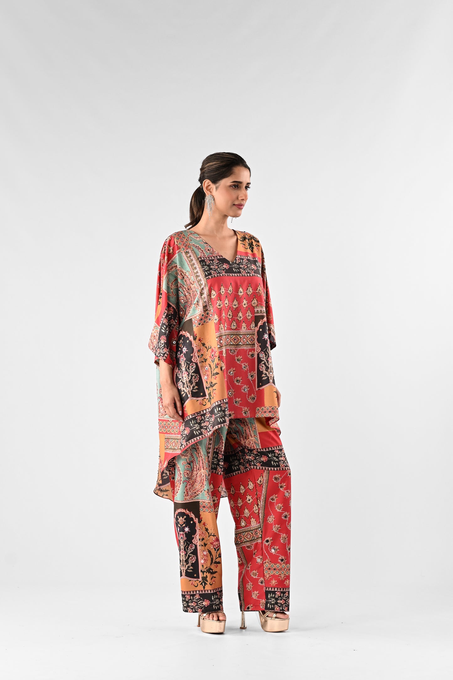 All-Over Printed Modal Satin Kaftan Top with Straight Pants Set