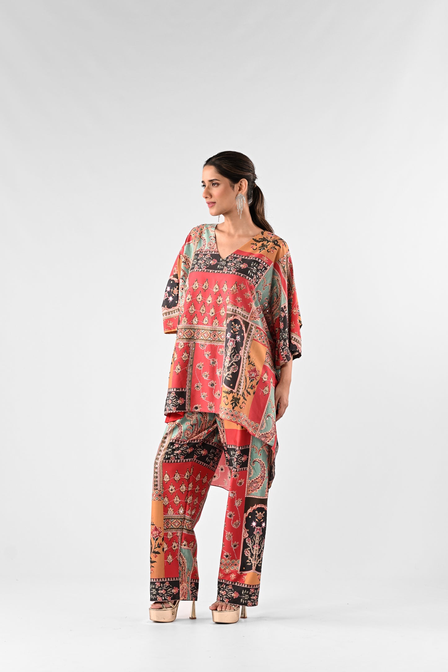 All-Over Printed Modal Satin Kaftan Top with Straight Pants Set