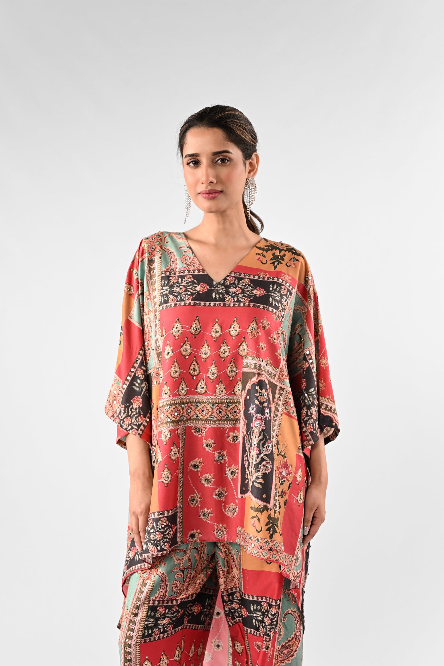 All-Over Printed Modal Satin Kaftan Top with Straight Pants Set