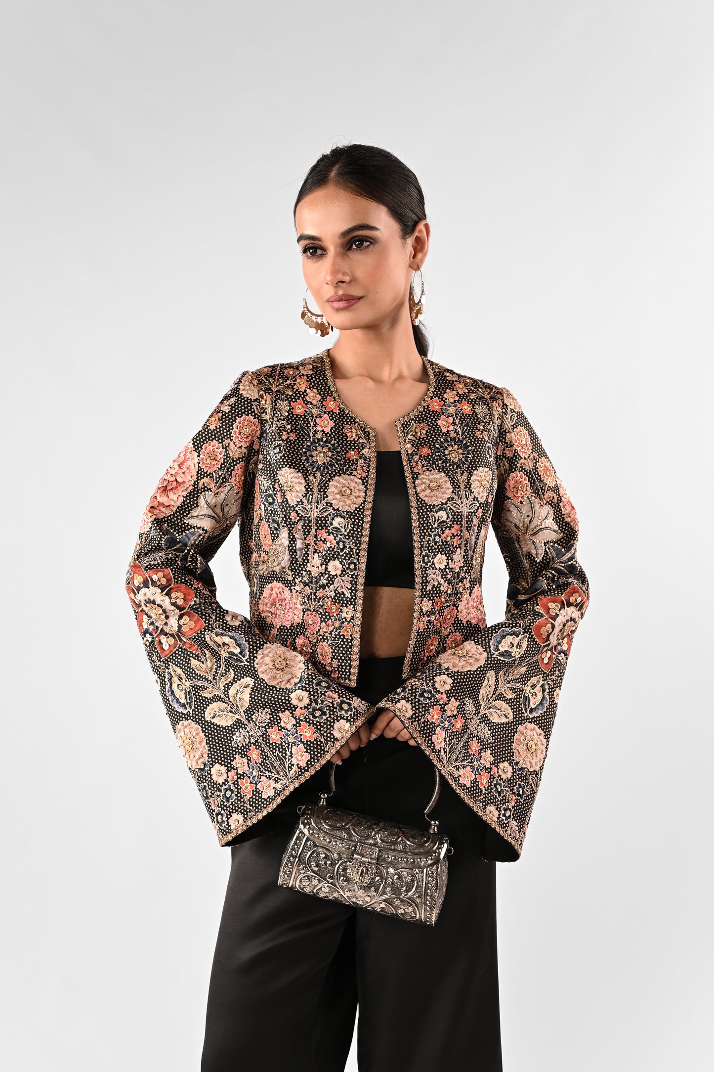 Foil Printed Open Jacket with Bustier and Wide-Leg Pants Set