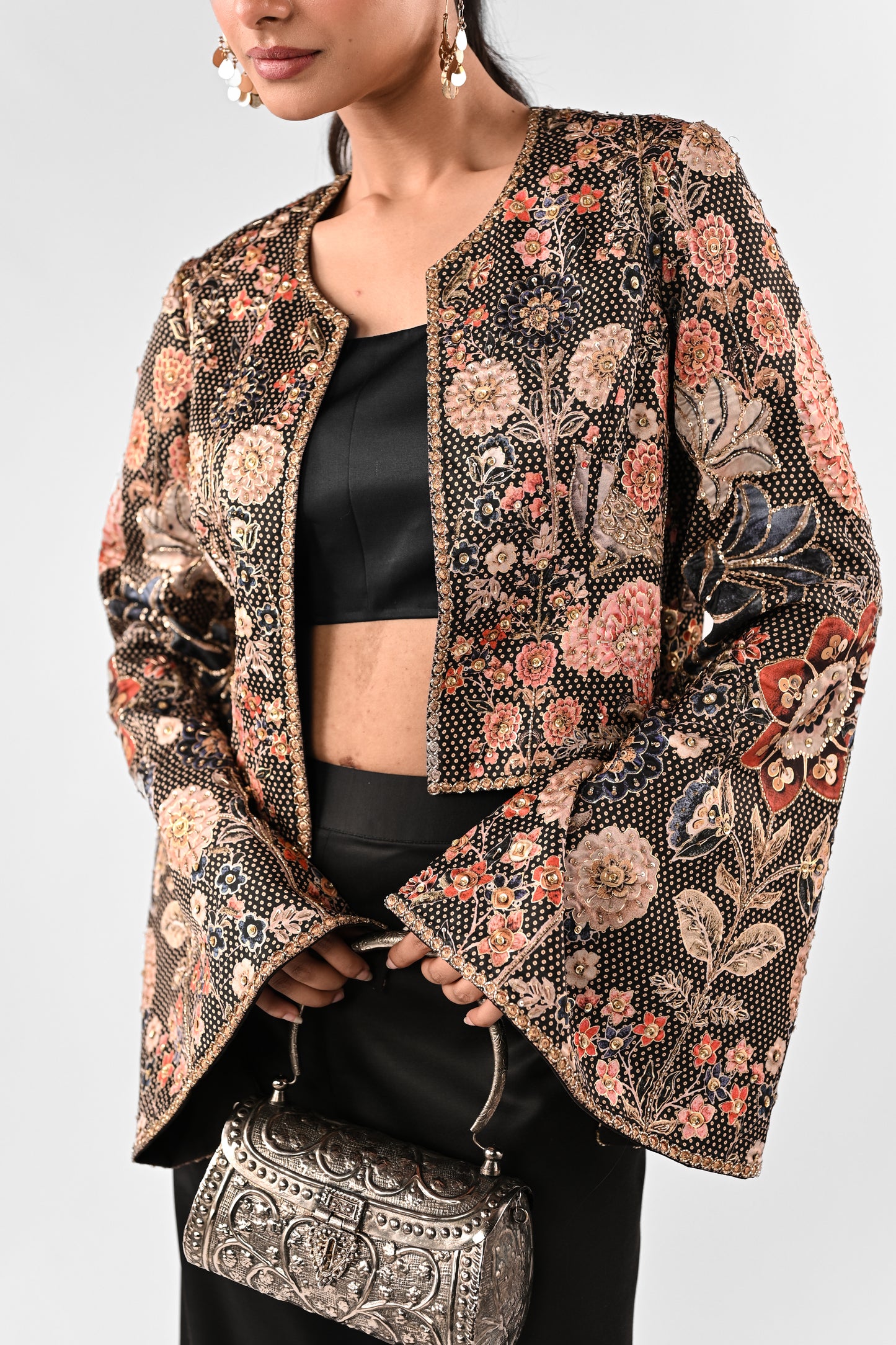 Foil Printed Open Jacket with Bustier and Wide-Leg Pants Set