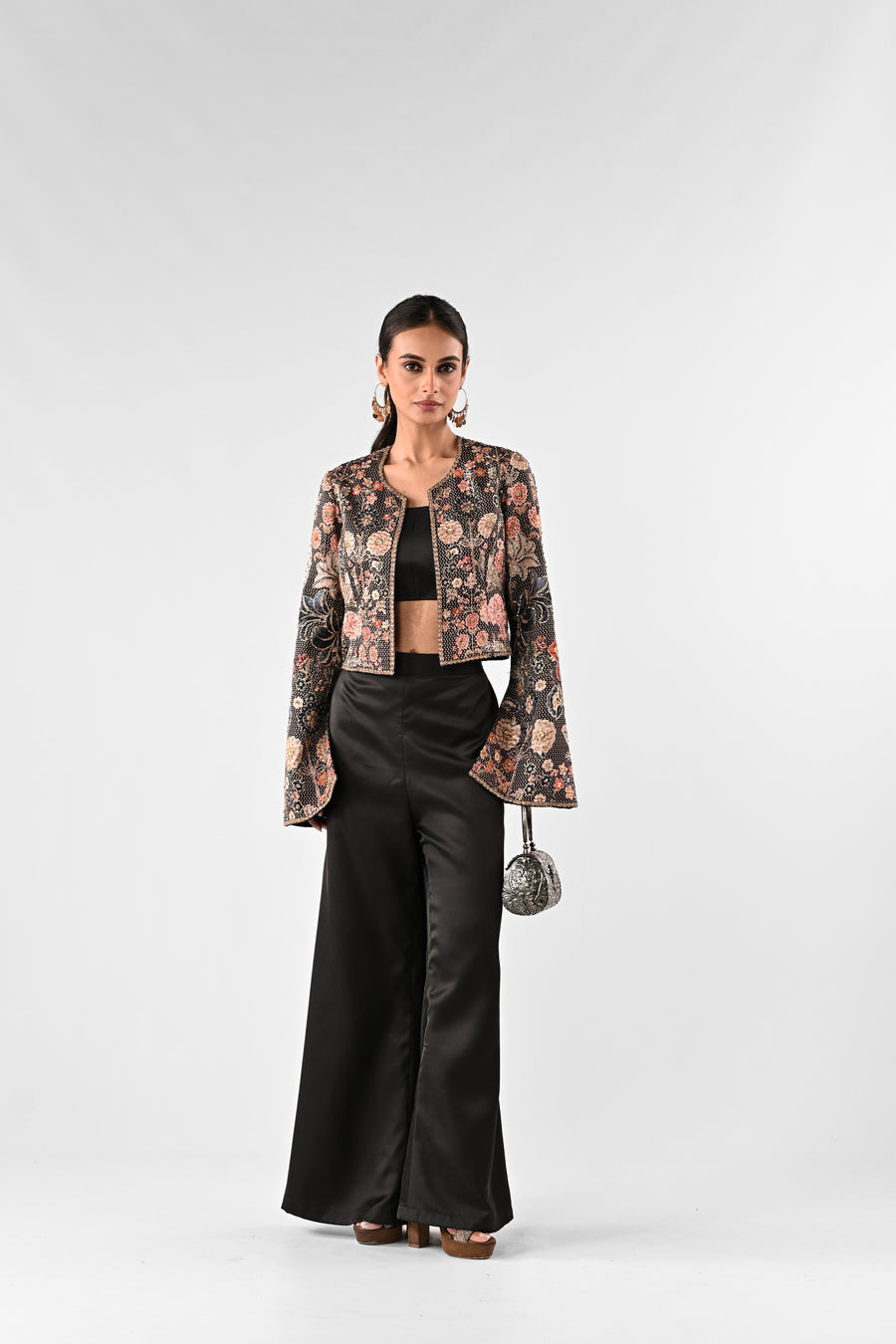 Foil Printed Open Jacket with Bustier and Wide-Leg Pants Set