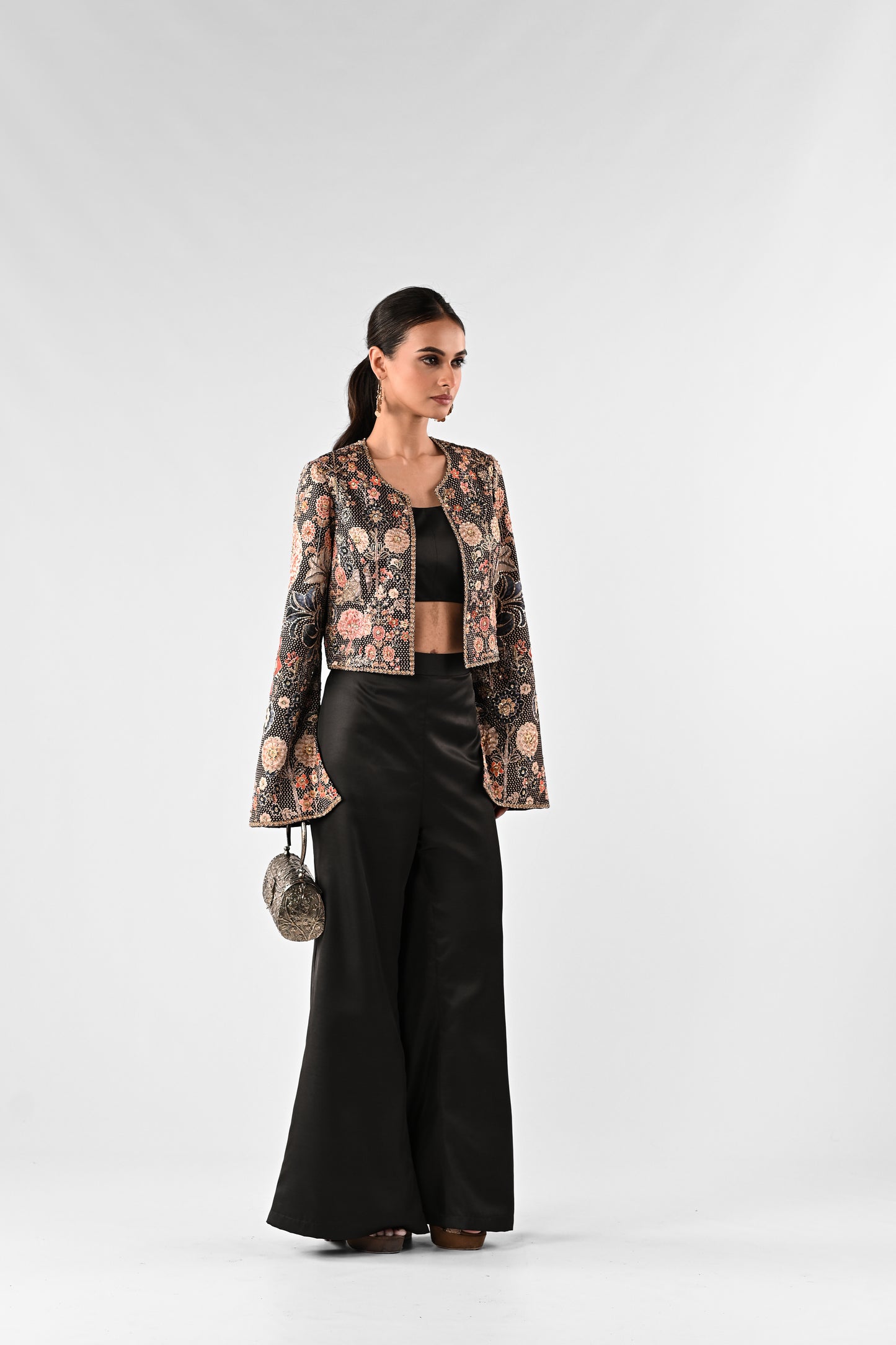 Foil Printed Open Jacket with Bustier and Wide-Leg Pants Set