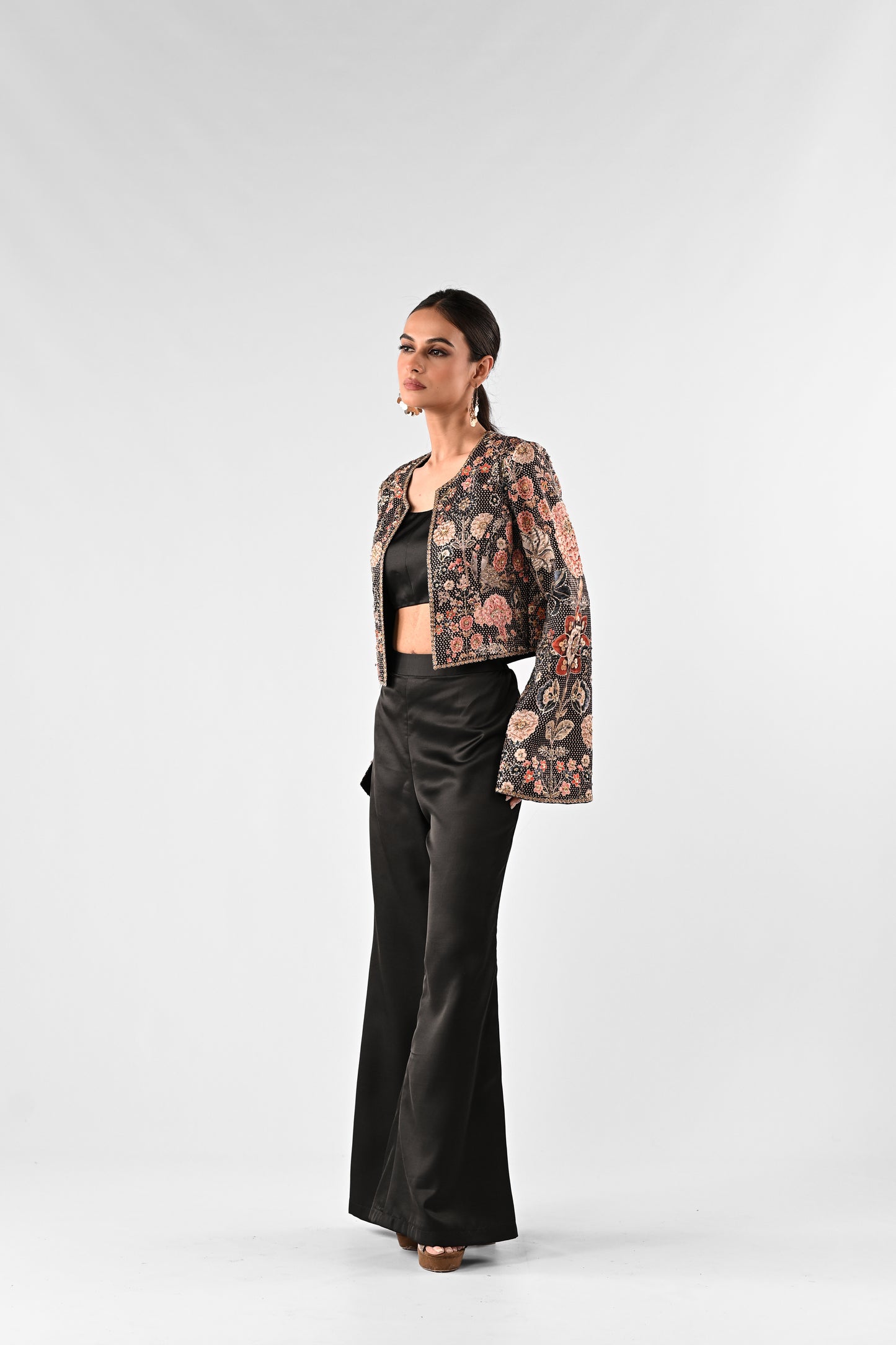 Foil Printed Open Jacket with Bustier and Wide-Leg Pants Set