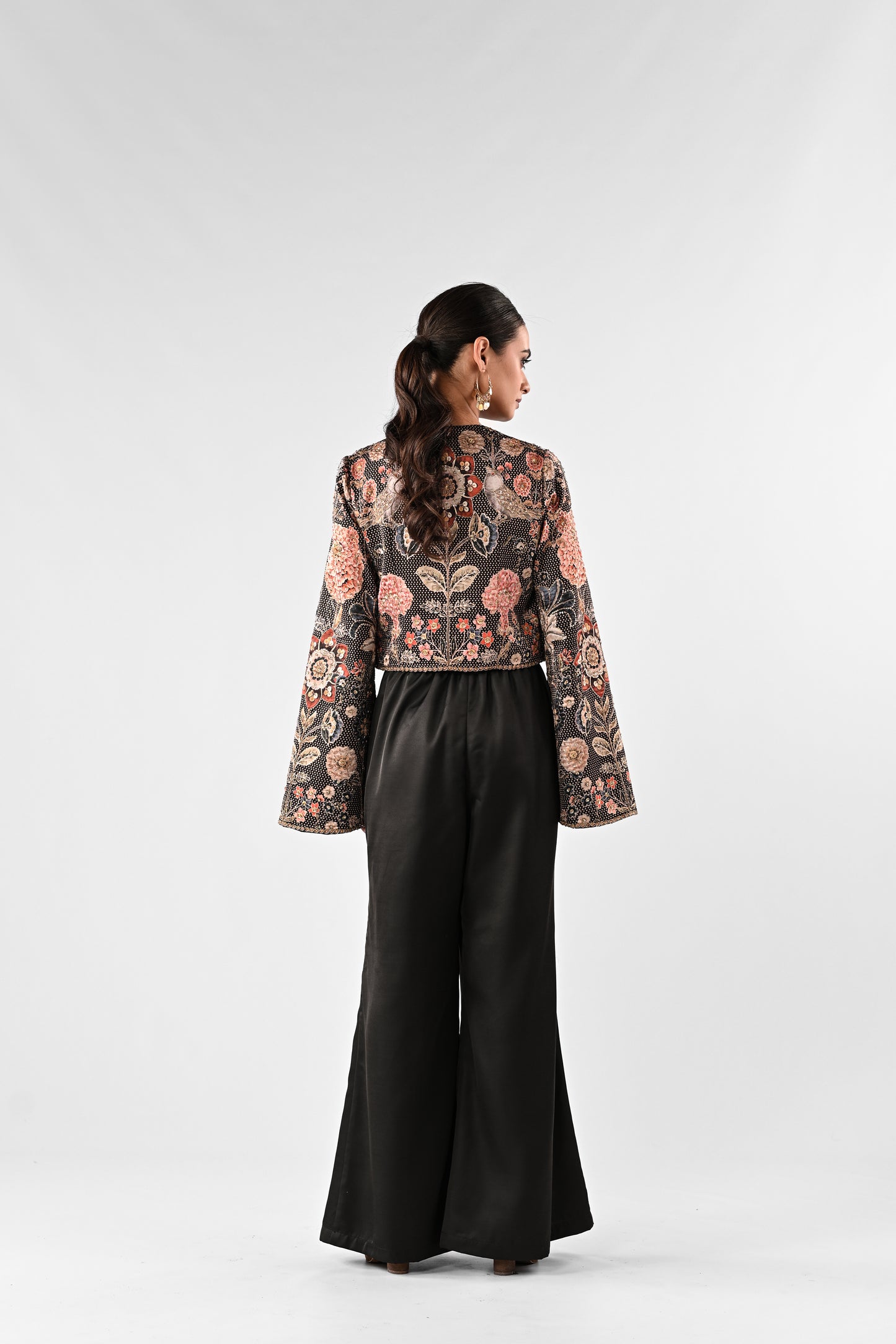 Foil Printed Open Jacket with Bustier and Wide-Leg Pants Set