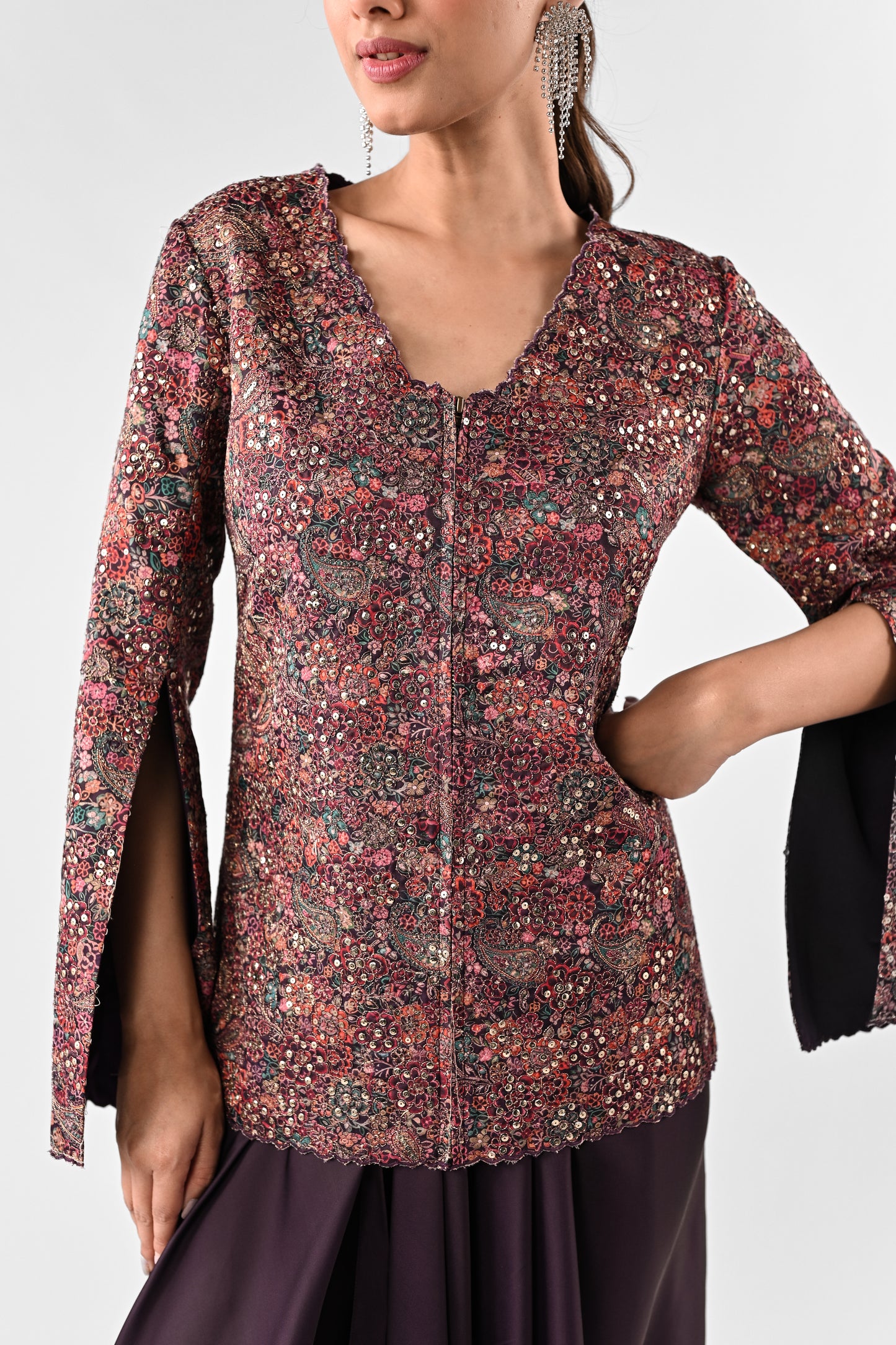 Threadwork Embroidered Top with Draped Skirt