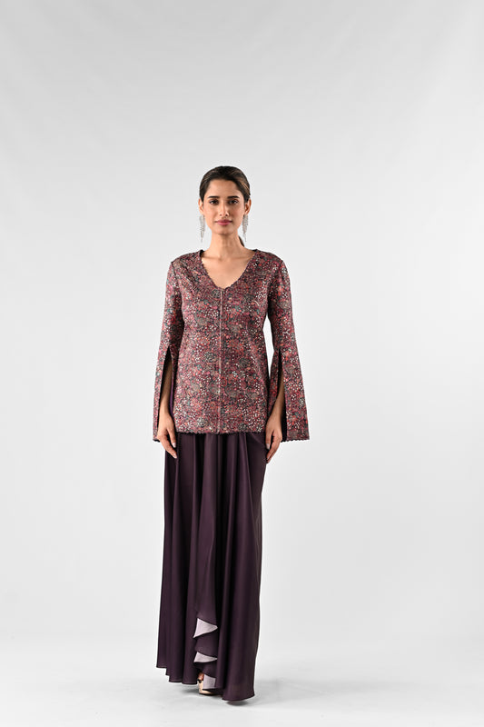 Threadwork Embroidered Top with Draped Skirt