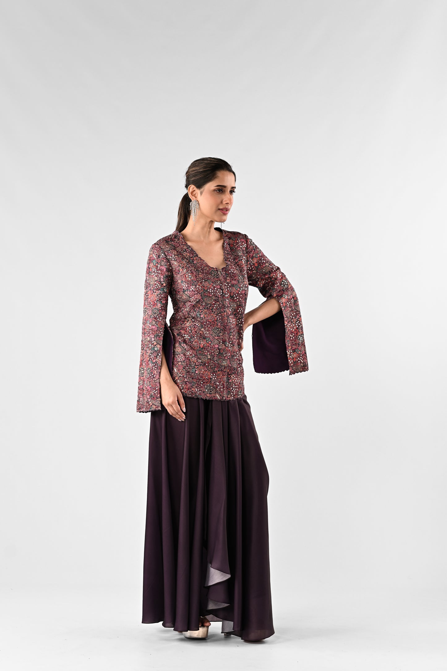 Threadwork Embroidered Top with Draped Skirt
