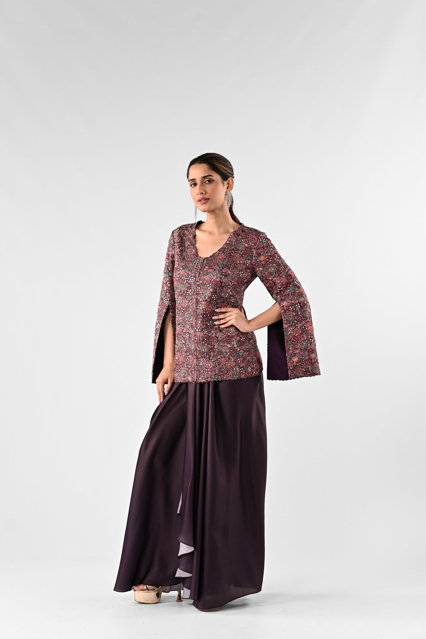 Threadwork Embroidered Top with Draped Skirt
