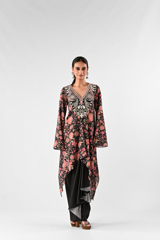 Embroidered Yoke Printed Crepe Top with Draped Satin Skirt Set