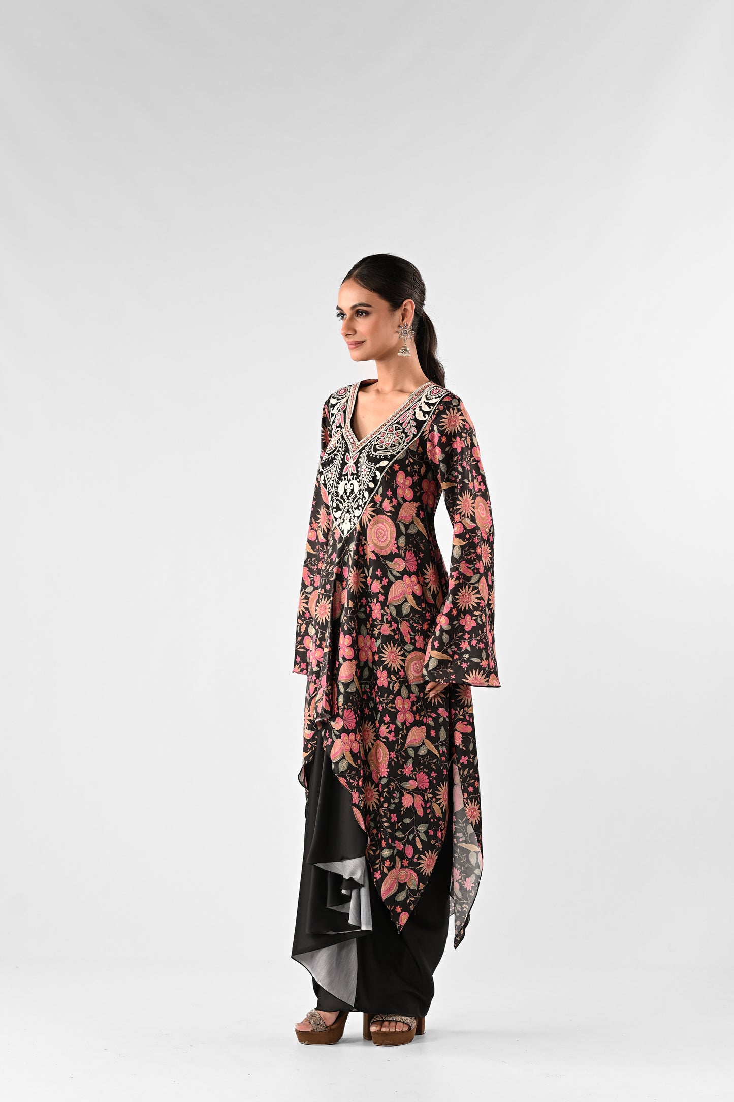 Embroidered Yoke Printed Crepe Top with Draped Satin Skirt Set